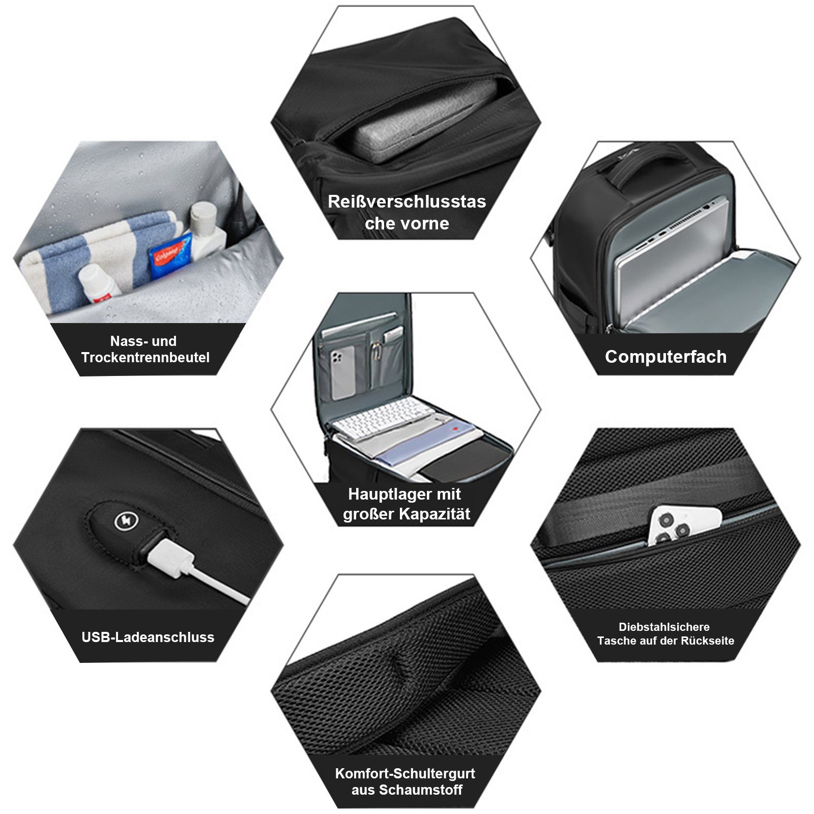 WISHDOR Reiserucksack Laptoprucksack Laptop Rucksack Rucksäcke Freizeitrucksack Laptoptasche (Reisen Notebook Laptop Tasche Schule Uni Rucksack Handgepäck, Anti-Diebstahl, Backpack mit Laptopfach, Schuhfach, USB-Lade-Anschluss), für Herren Damen Jung