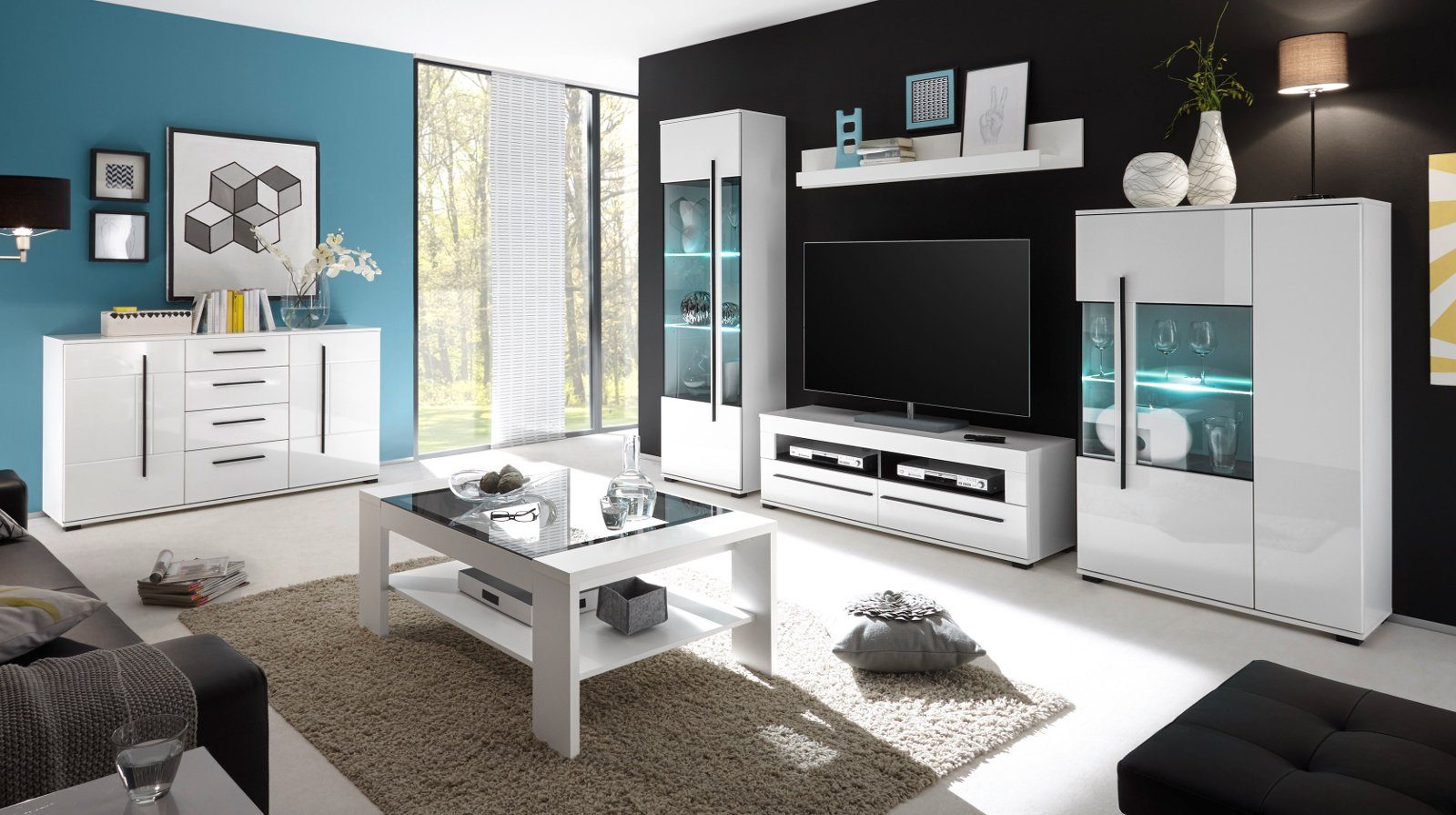 Furn.Design Wohnwand Design-D, (Schrankwand 4-teilig, ca. 310 x 200 cm), weiß Hochglanz