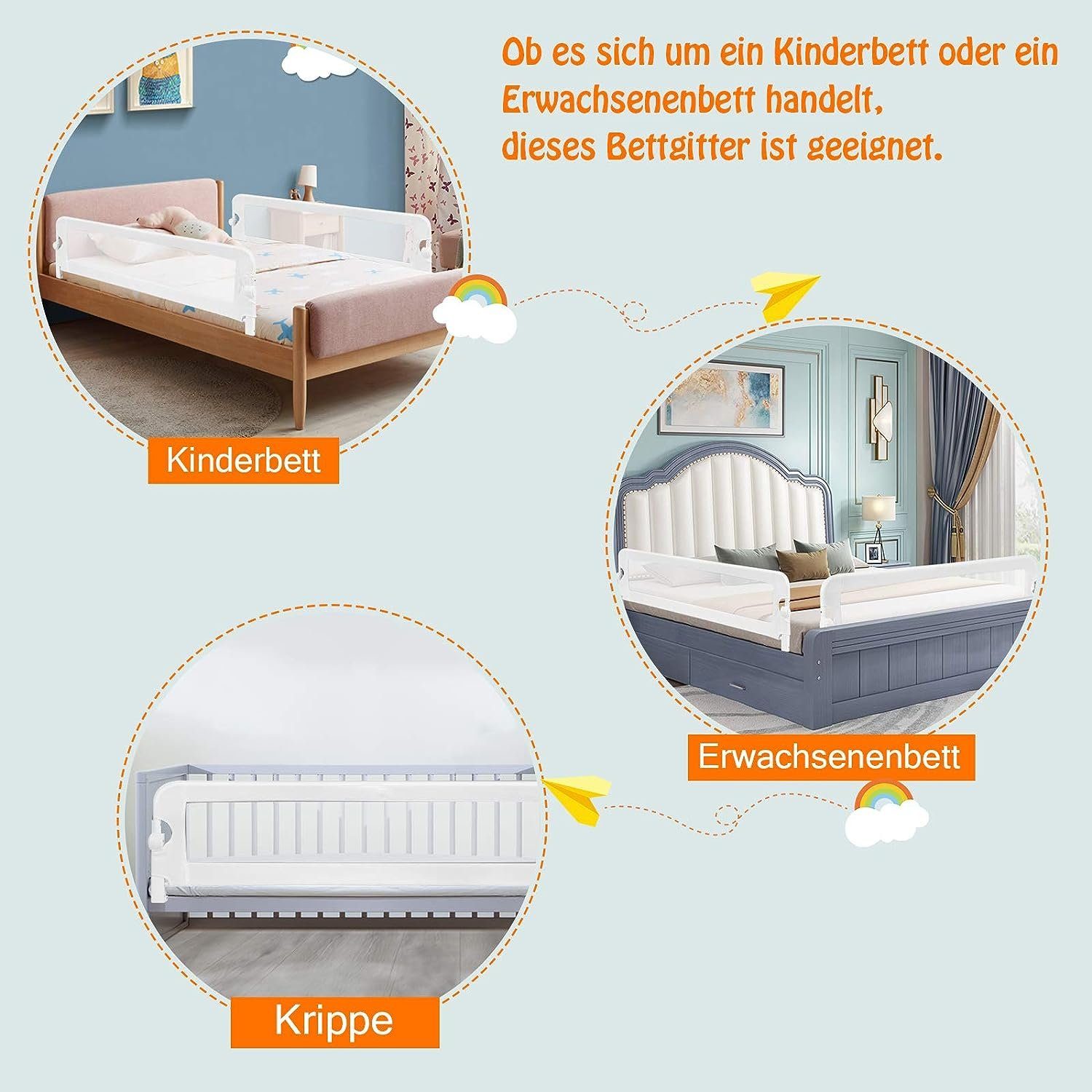 KOMFOTTEU Bettschutzgitter Babybettgitter, für Babys unter 3 Jahren, 150 x 42 cm