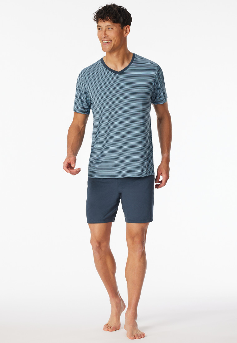 Schlafanzug kurz Ringel V-Ausschnitt jeansblau - Long Life Soft