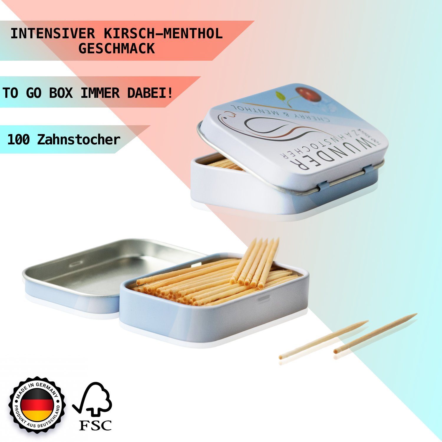 Wunder Zahnstocher Mundpflegecenter Wunder Zahnstocher mit Geschmack - Metalldose - Kirsch/Menthol