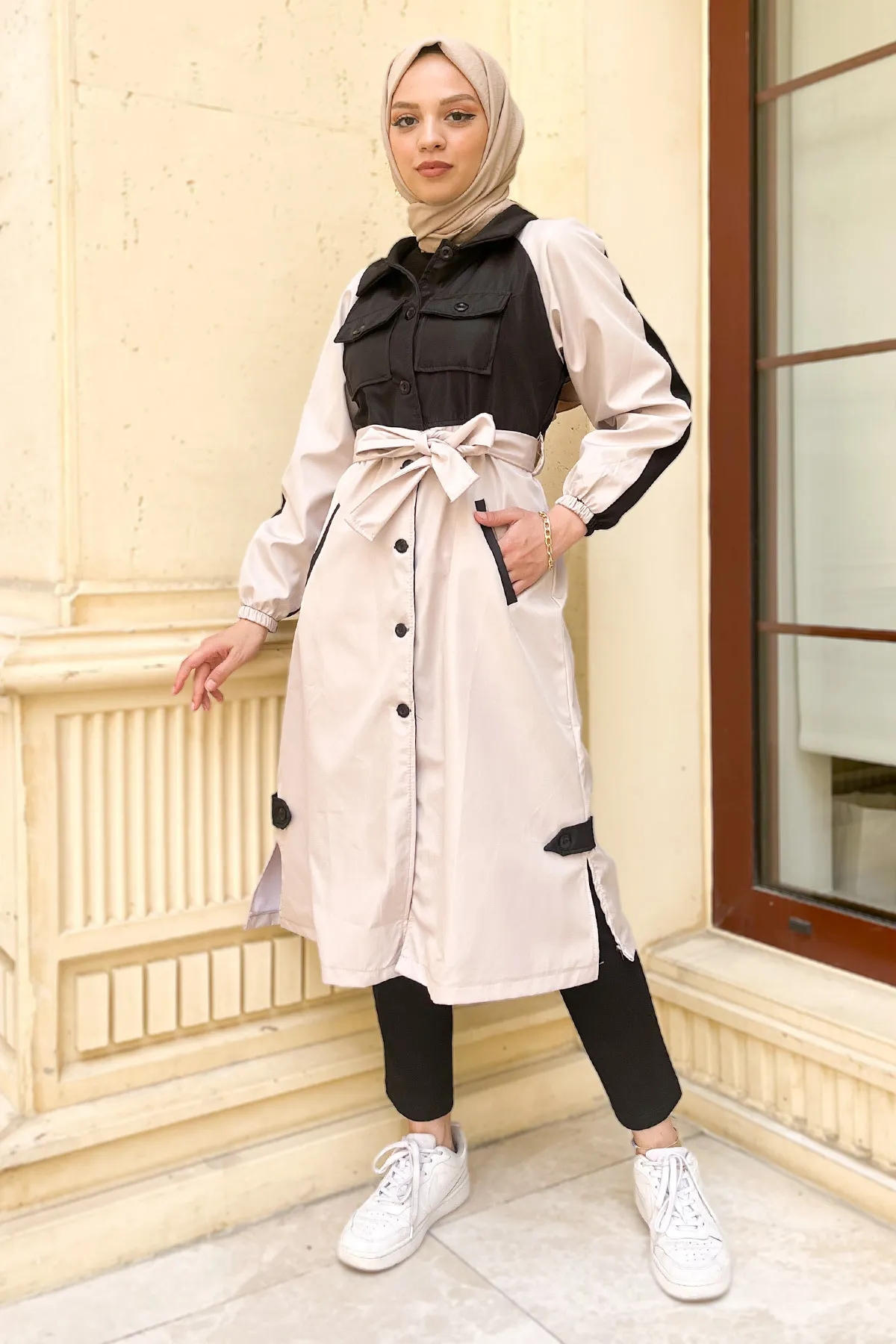 Tesettür Dünyası  Zweifarbiger Trenchcoat Tsd0919 Ecru
