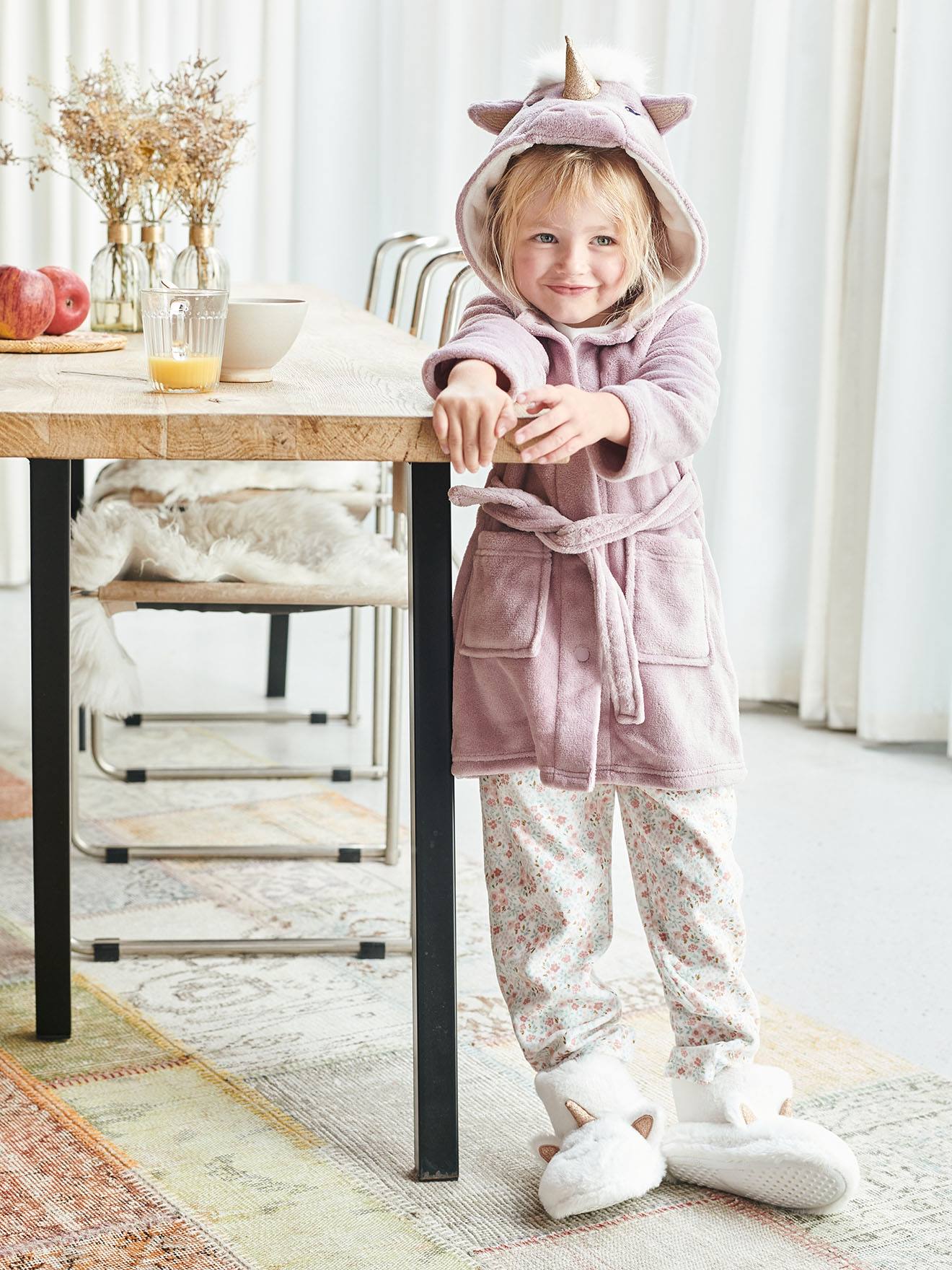 Robe de chambre licorne fille en maille peluche rose mauve