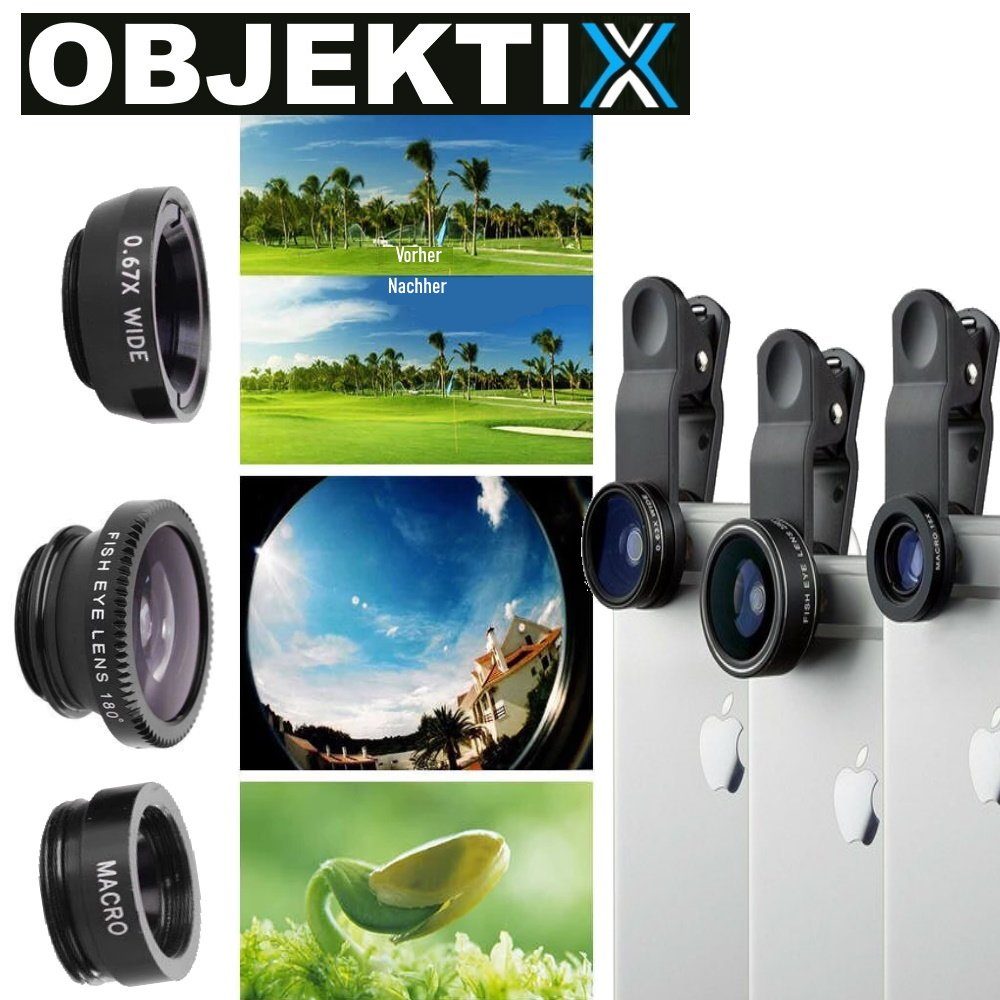 MAVURA OBJEKTIX Universal Handy Objektiv Set 3in1 Smartphone Linsen Objektiv, (Fisheye + Weitwinkel + Makro Kamera)