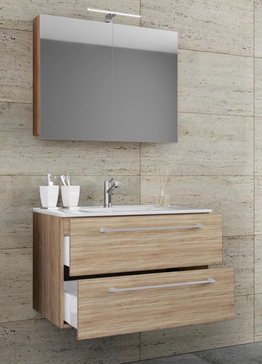VCM 3-tlg. Waschplatz 80cm 2 Schubfächer | Mit Spiegelschrank Sonoma-Eiche