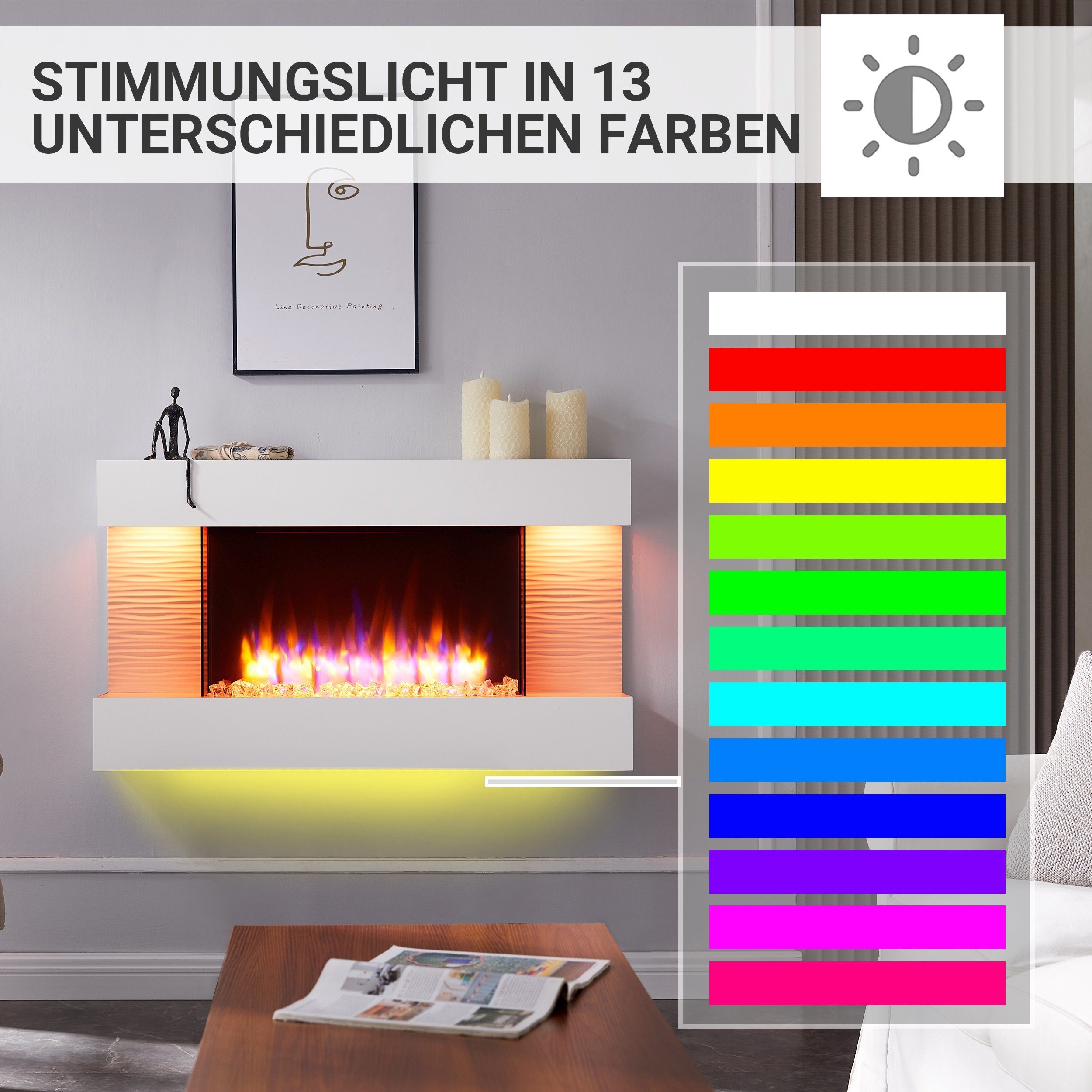 RICHEN Elektrokamin Elis, Wandkamin mit Heizung 2000W, 3D-Flammeneffekt, LED-Beleuchtungs, Fernbedienung, Timer, Thermostat