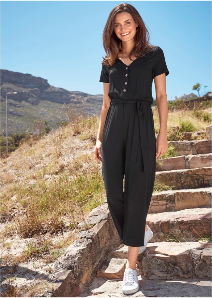Jersey-Jumpsuit mit V-Ausschnitt, kurzarm