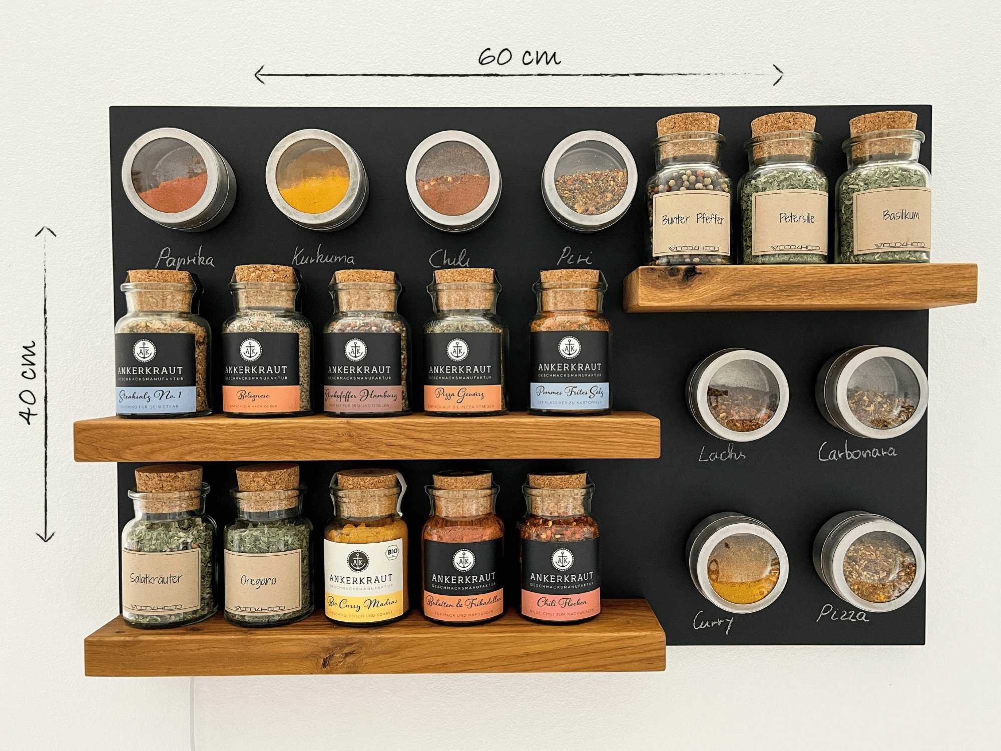 wood4hood Gewürzregal MAGNET, Spar-Set mit viel Zubehör, Magnettafel mit magnetischen Böden aus Eiche · beschreibbar