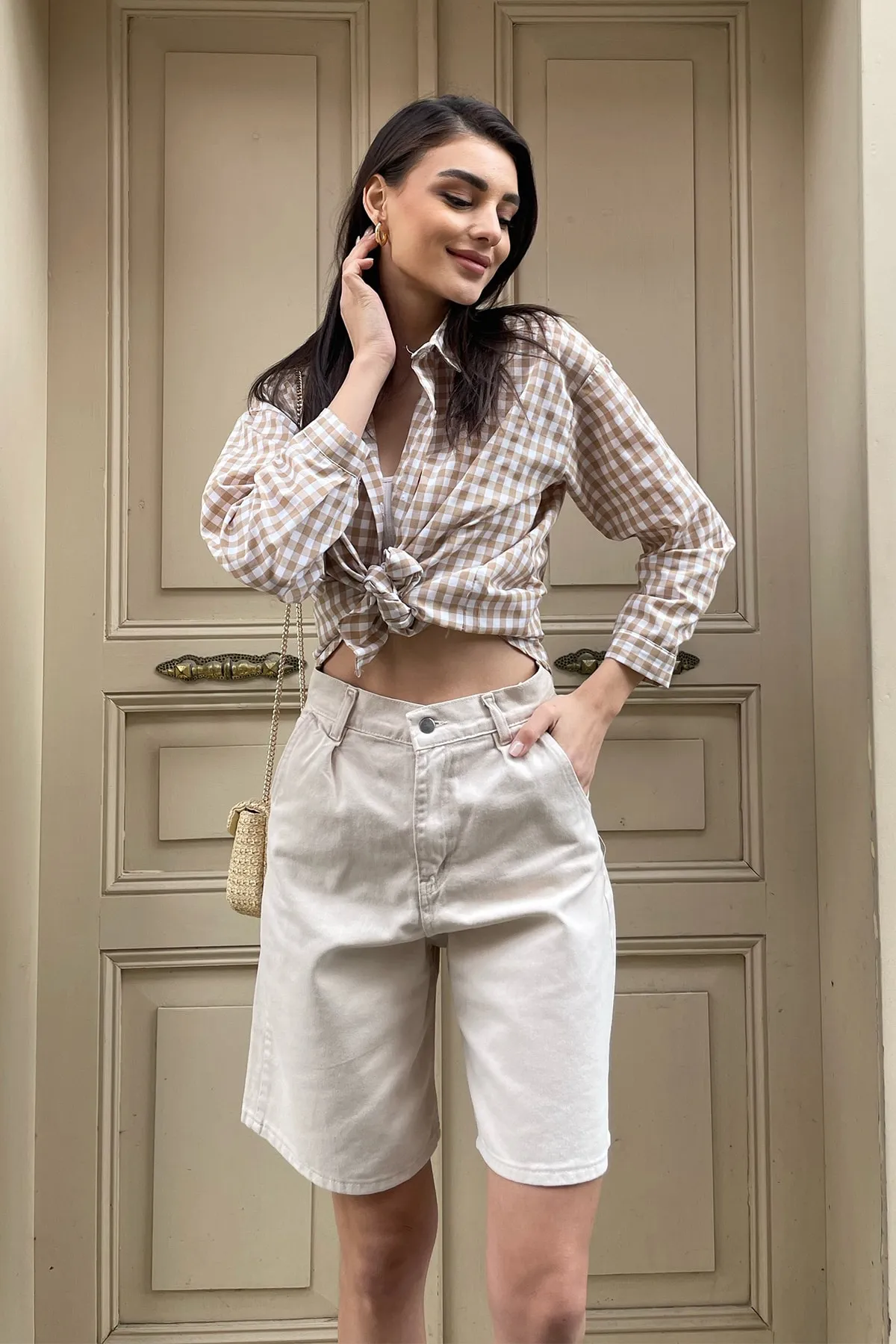 Trend Alaçatı Stili  Beige Bermuda-Jeansshorts für Damen mit hoher Taille und weitem Bein ALC-X8174