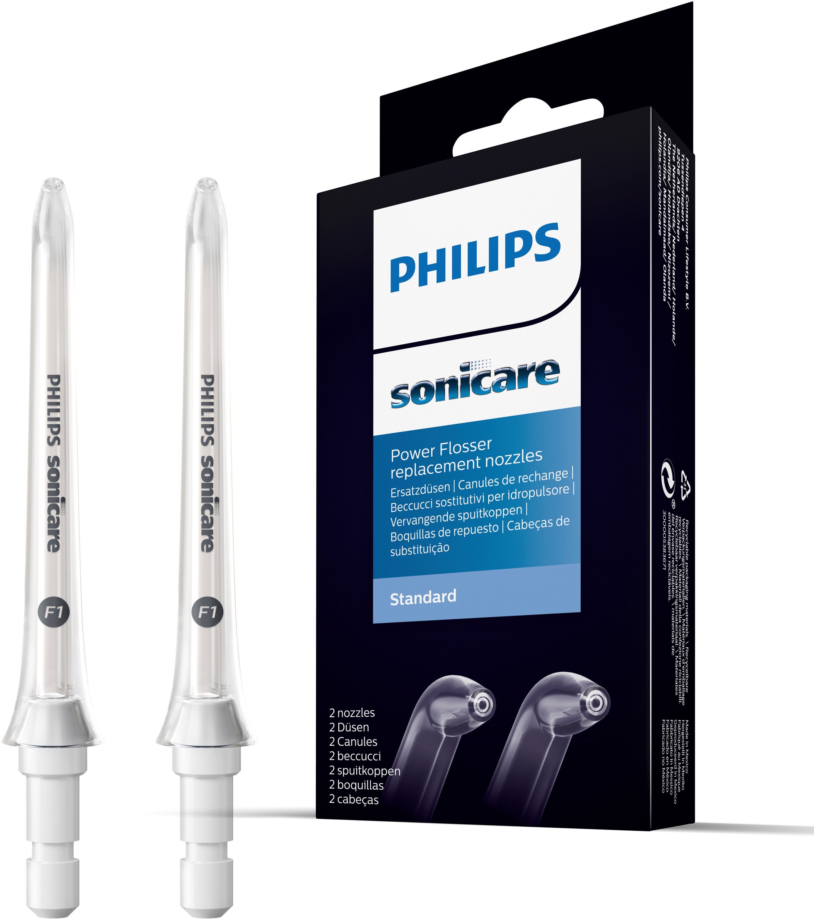 Philips Sonicare Mundduschen-Ersatzdüse F1 Standard nozzle HX3042/00, angewinkelte Form, kompatibel mit jeder Philips Sonicare Powerflosser