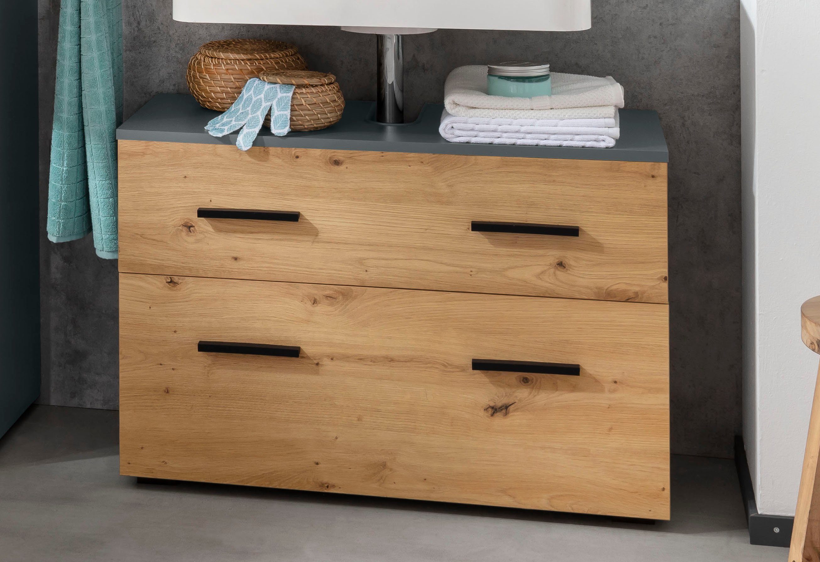INOSIGN Waschbeckenunterschrank Skara mit Klappe und Schubkasten, schwarze Griffe, Breite 80 cm, Höhe 55 cm