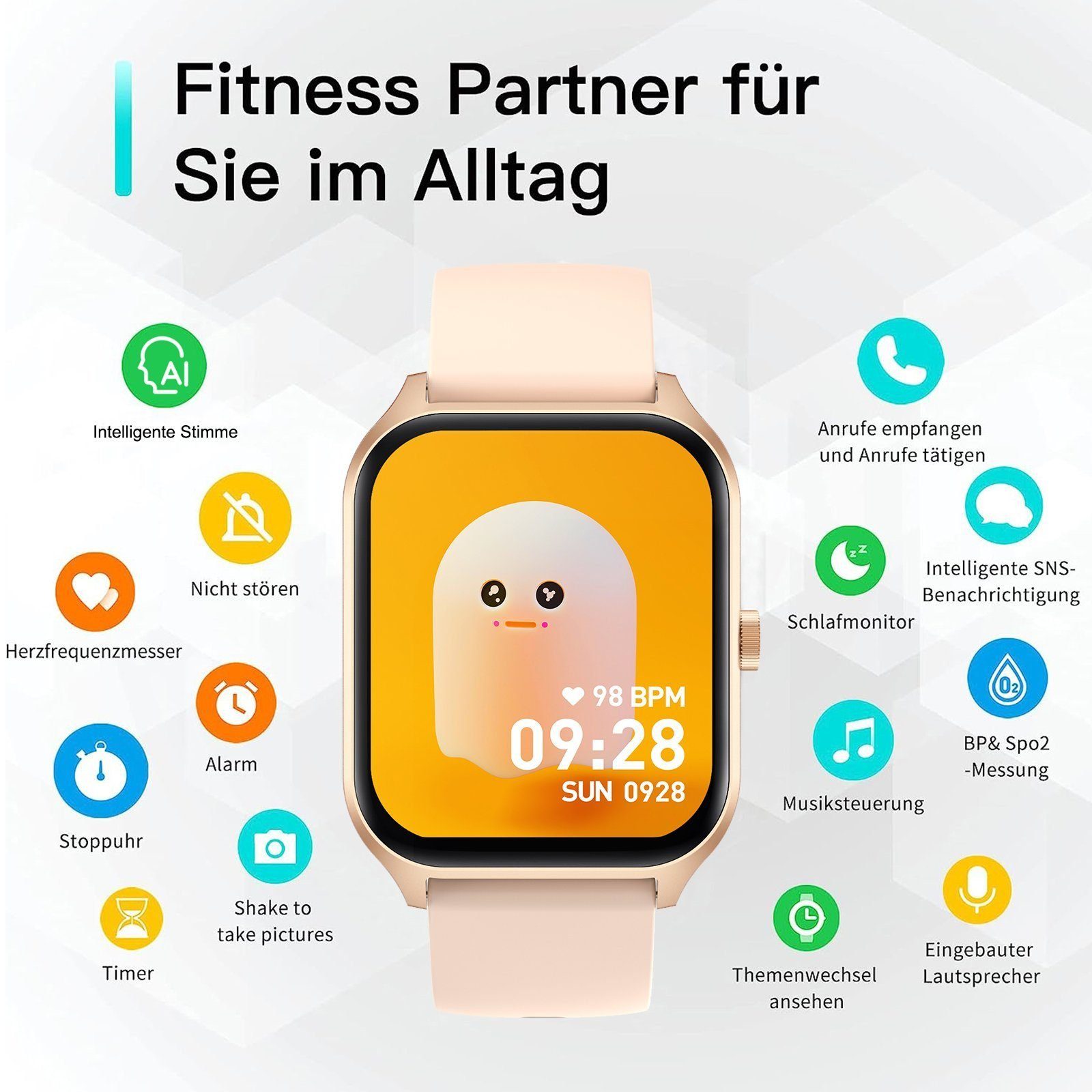 Yuede Smartwatch,Neueste 1,96-Zoll-Fitness-Smartwatch für Damen Herren Smartwatch (Bluetooth 5.2 Anruffunktion, Uhr mit Schrittzähler, Pulsuhr, Blutdruckmessung und Sauerstofffunktion( SpO2) , Zoll), IP67 Wasserdichte Sportuhr mit 100 Trainingsmodi,