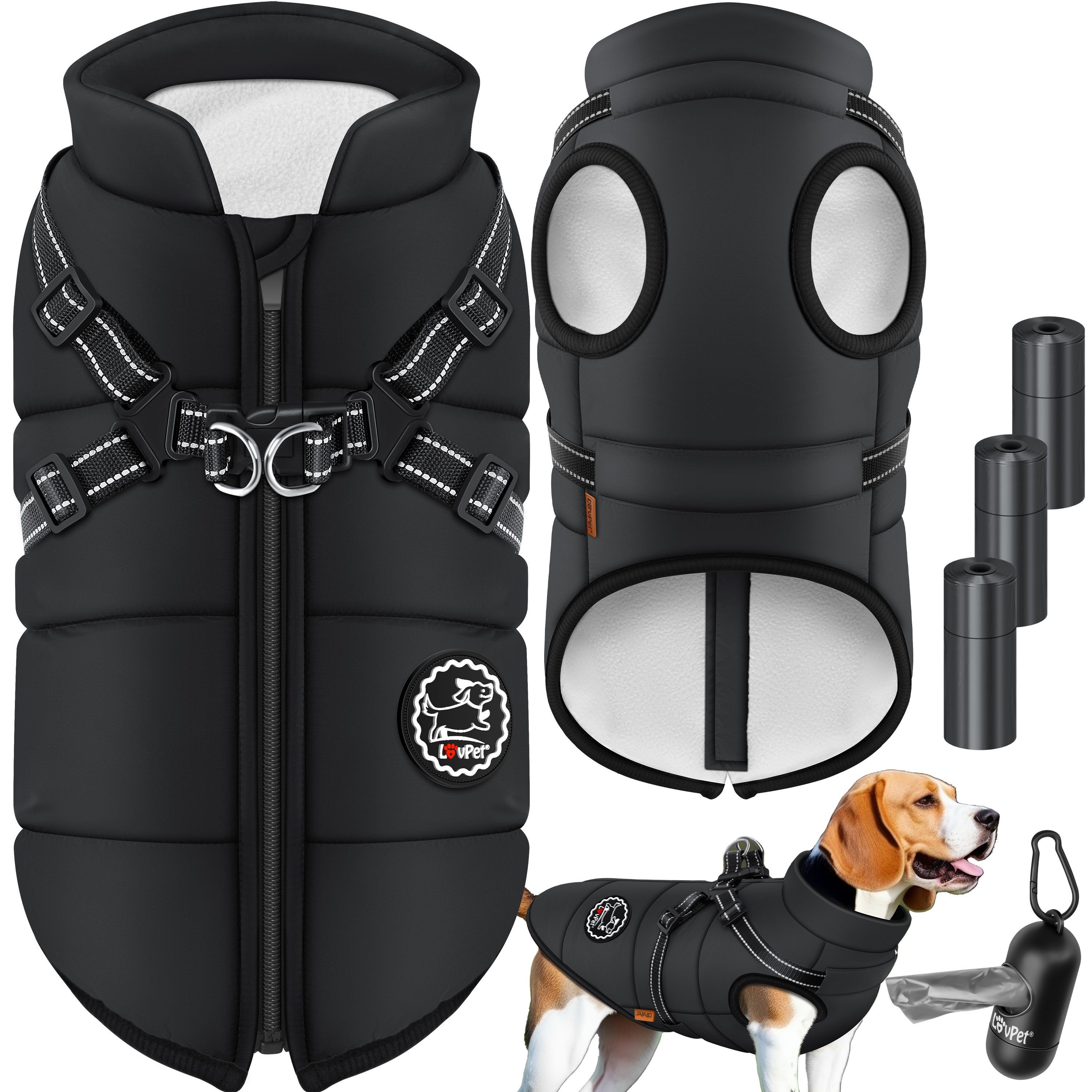 Lovpet Hundejacke, Hundemantel mit Geschirr, inkl. 45 Stück Kotbeutel +Spender