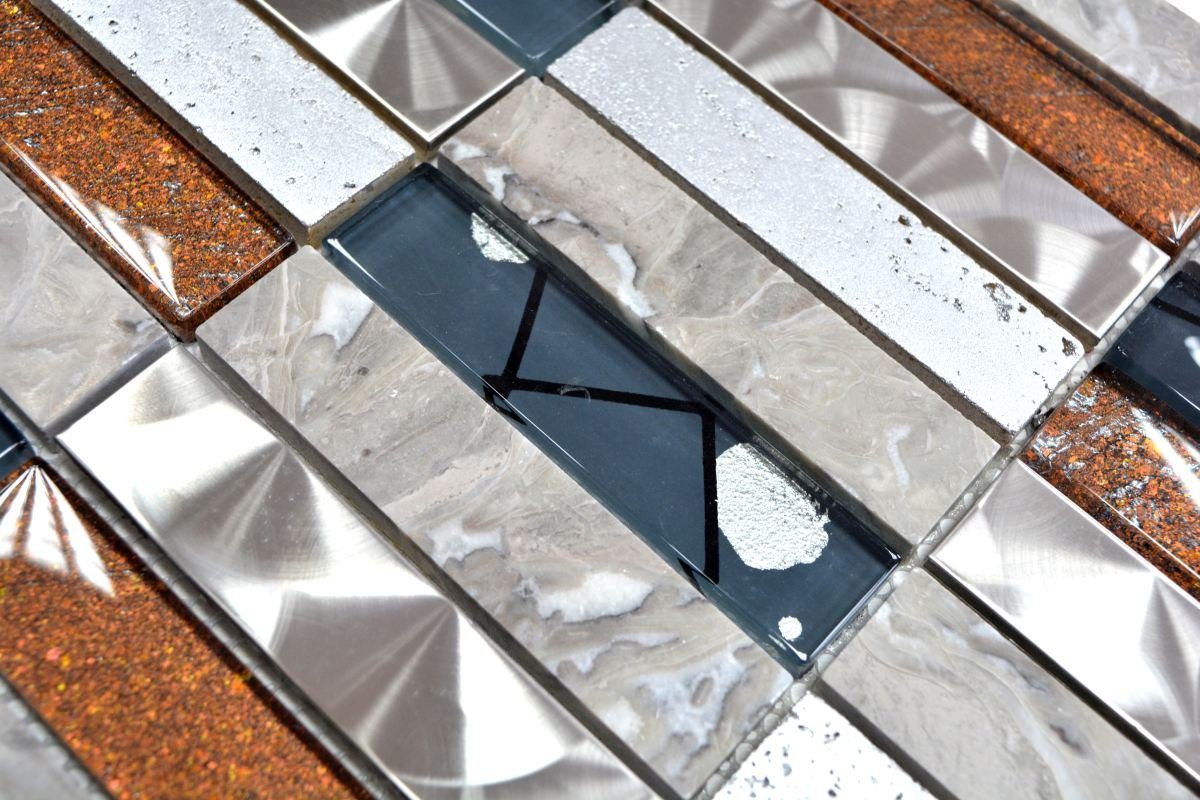 Mosani Mosaikfliesen Riemchen Rechteck Mosaikfliesen Glasmosaik Edelstahl Resin grau