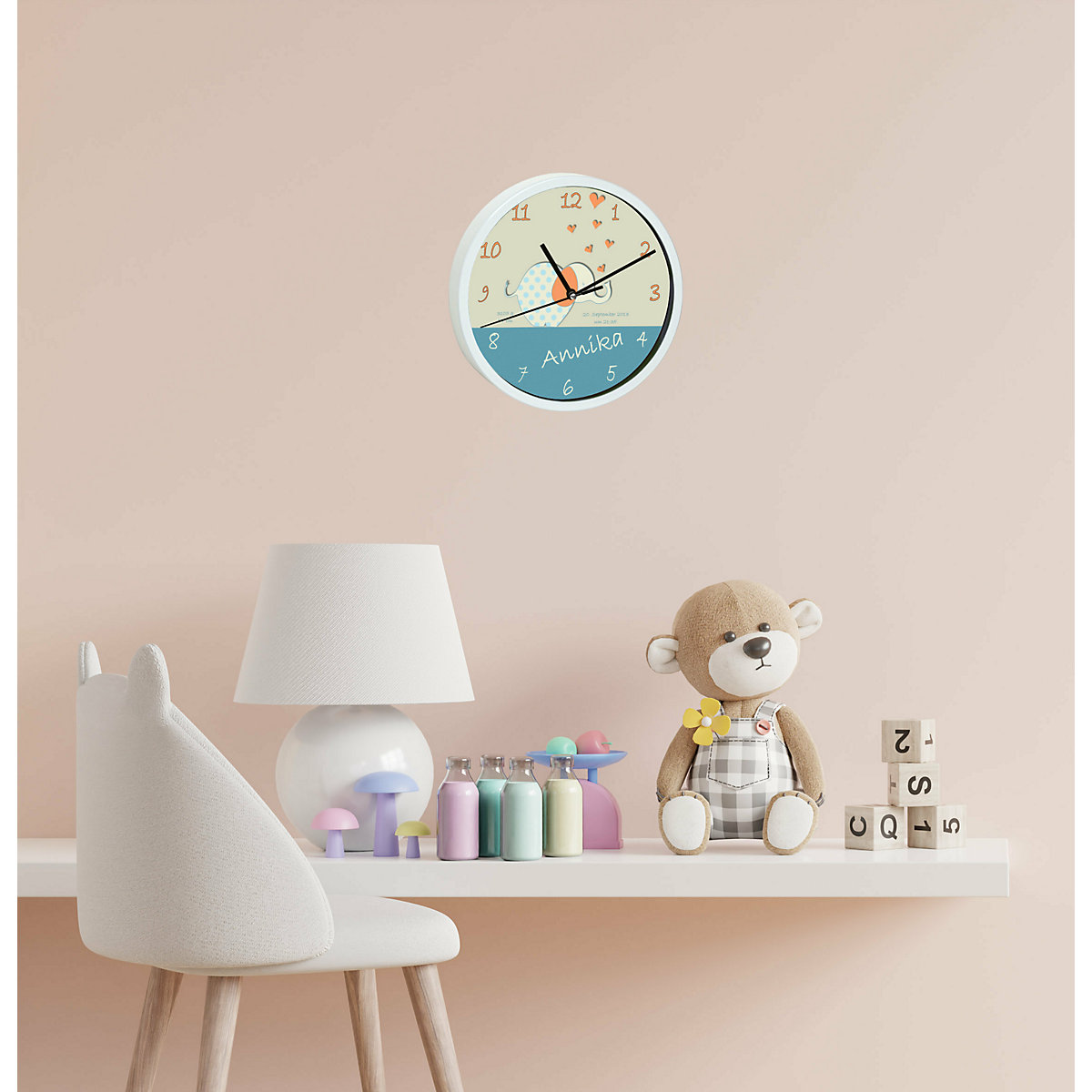 Kinder Wanduhr personalisiert mit Name Elefant orange blau