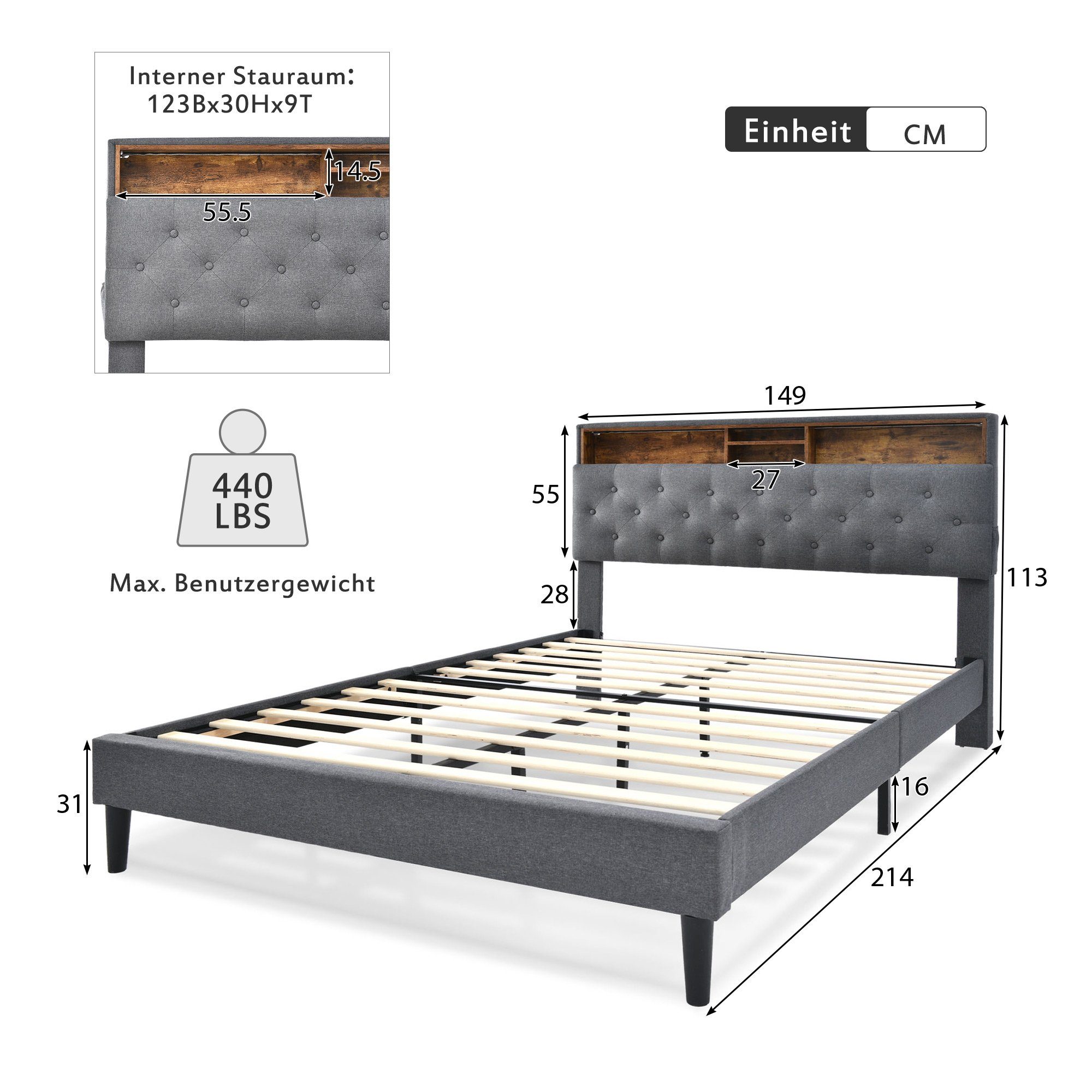 Flieks Polsterbett, LED-Beleuchtung Doppelbett mit Stauraum 140x200cm Leinen