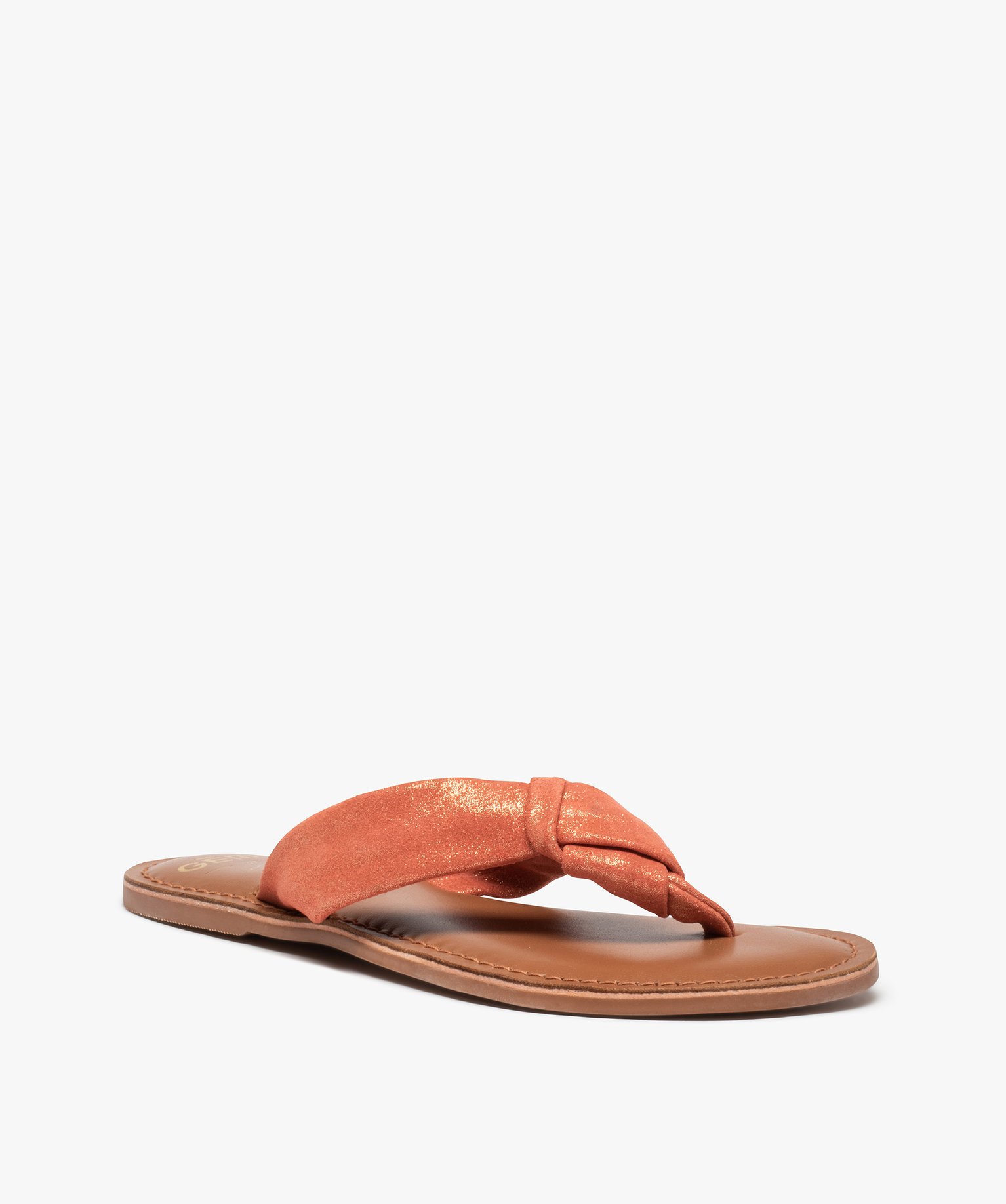 Tongs femme à large bride en cuir finement pailleté orange | GEMO