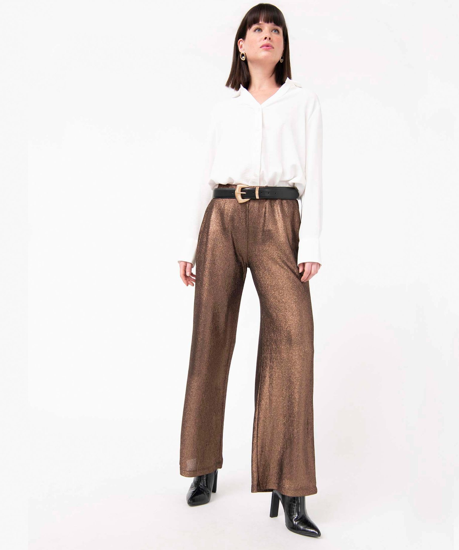 Pantalon femme en maille fluide pailletée marron | GEMO