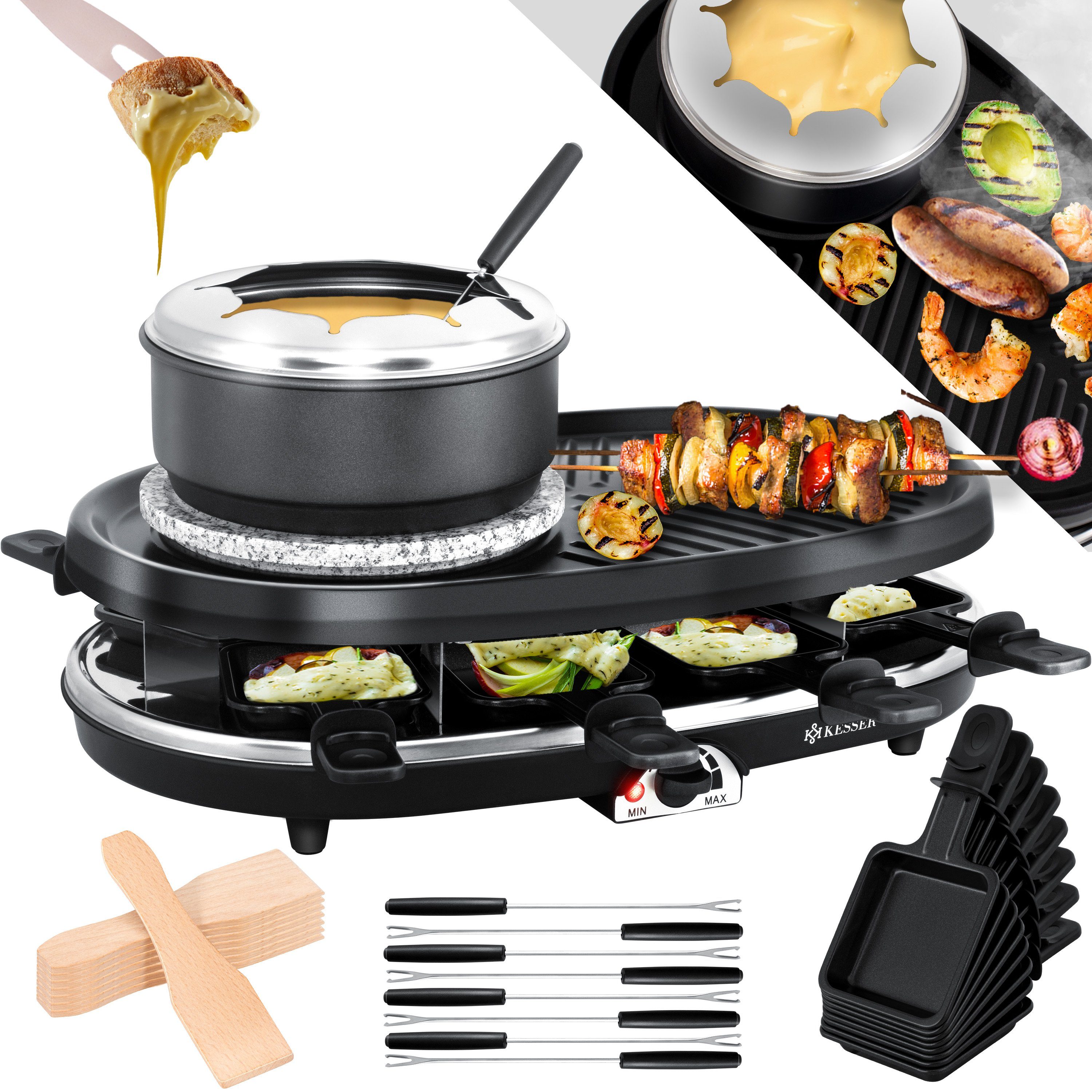 KESSER Raclette, 8 Raclettepfännchen, 1500 W, 3in1 Raclette-Grill mit Naturgrillstein, Grillplatte u. Fondue