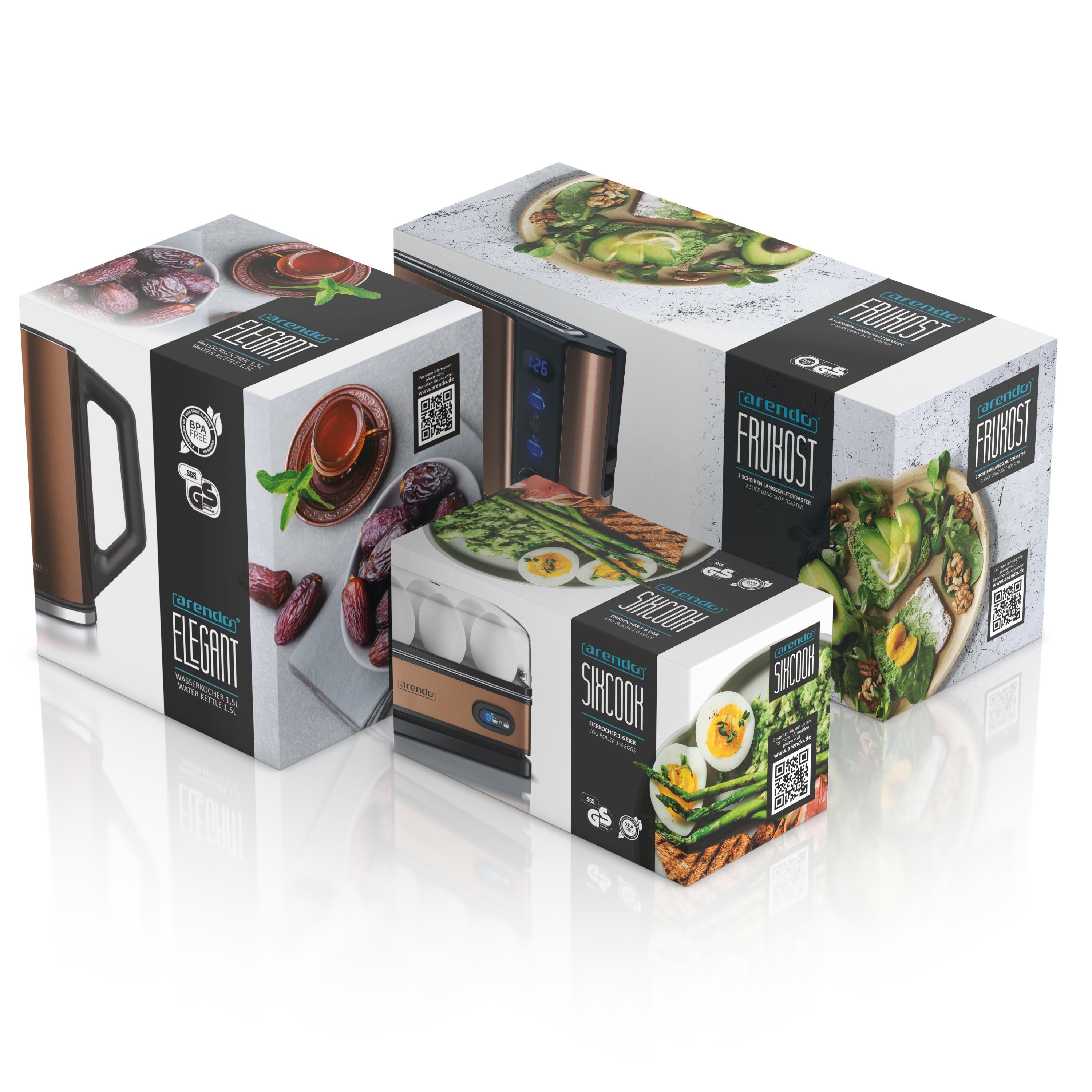 Arendo Frühstücks-Set (3-tlg), Wasserkocher 1,5l, 2-Scheiben Toaster, 6er Eierkocher, Kupfer