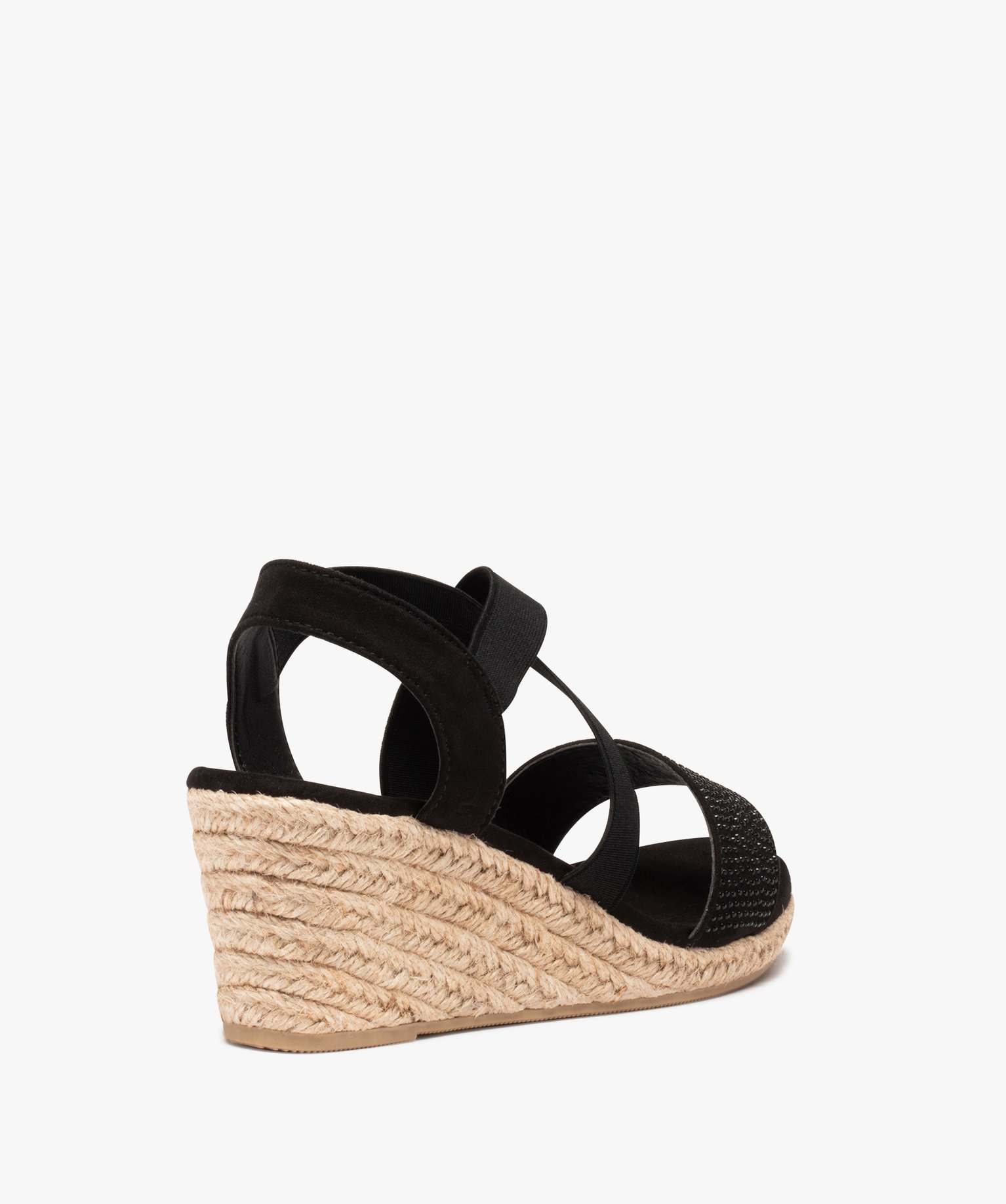 Sandales femme compensées à brides élastiques et strass noir | GEMO