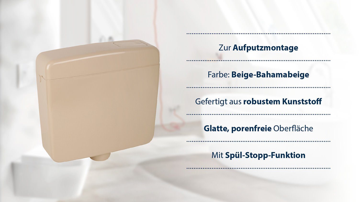 SANITOP WINGENROTH Spülkasten Opal, 9 l, Komplett-Set, Anschluss links oder rechts, Anschlussset hinten separat, Aufputz, Beige-Bahamabeige, Spül-Stopp Taste, Sparspülung, 210225