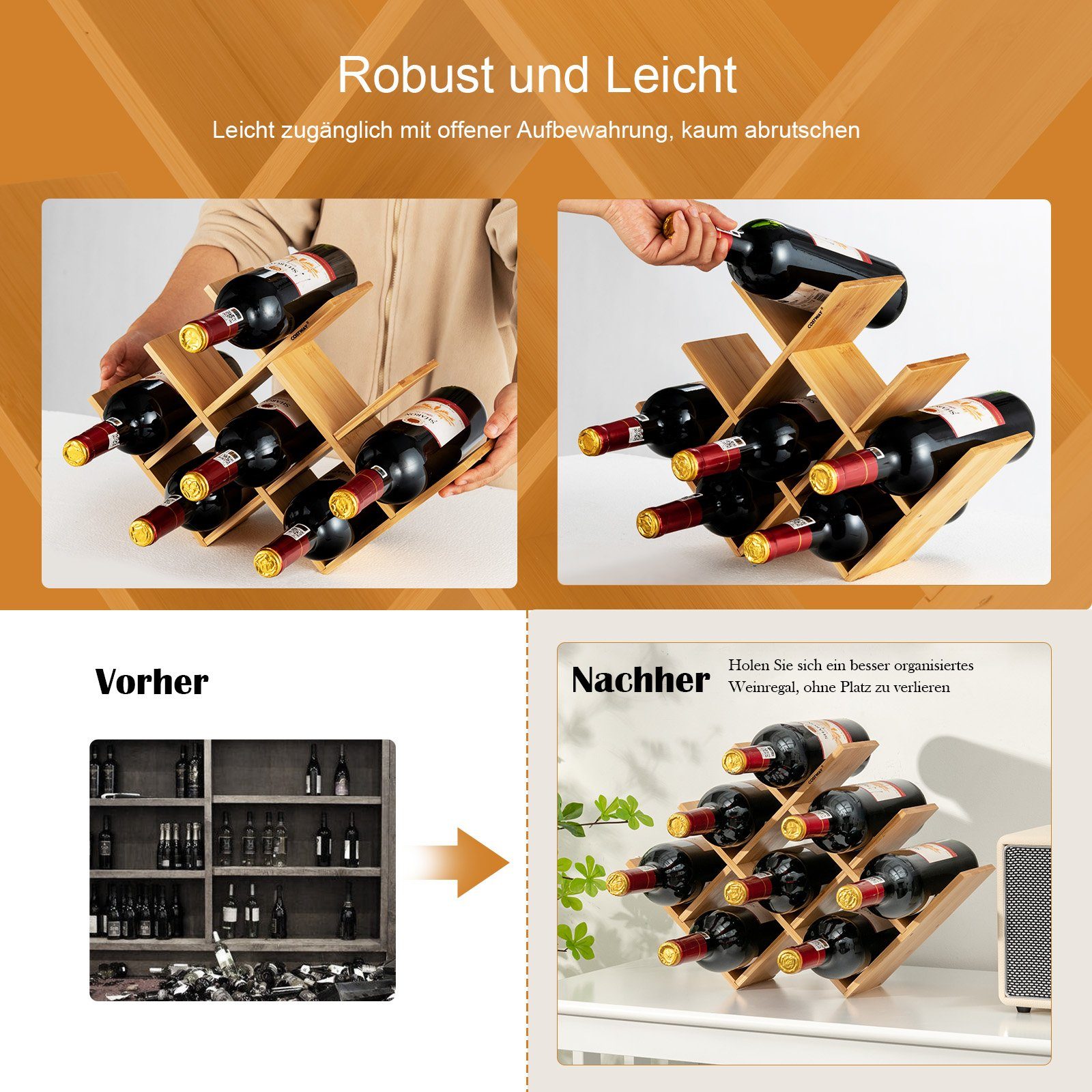 COSTWAY Weinregal Flaschenregal Weinständer, 8 Flaschen aus Bambus