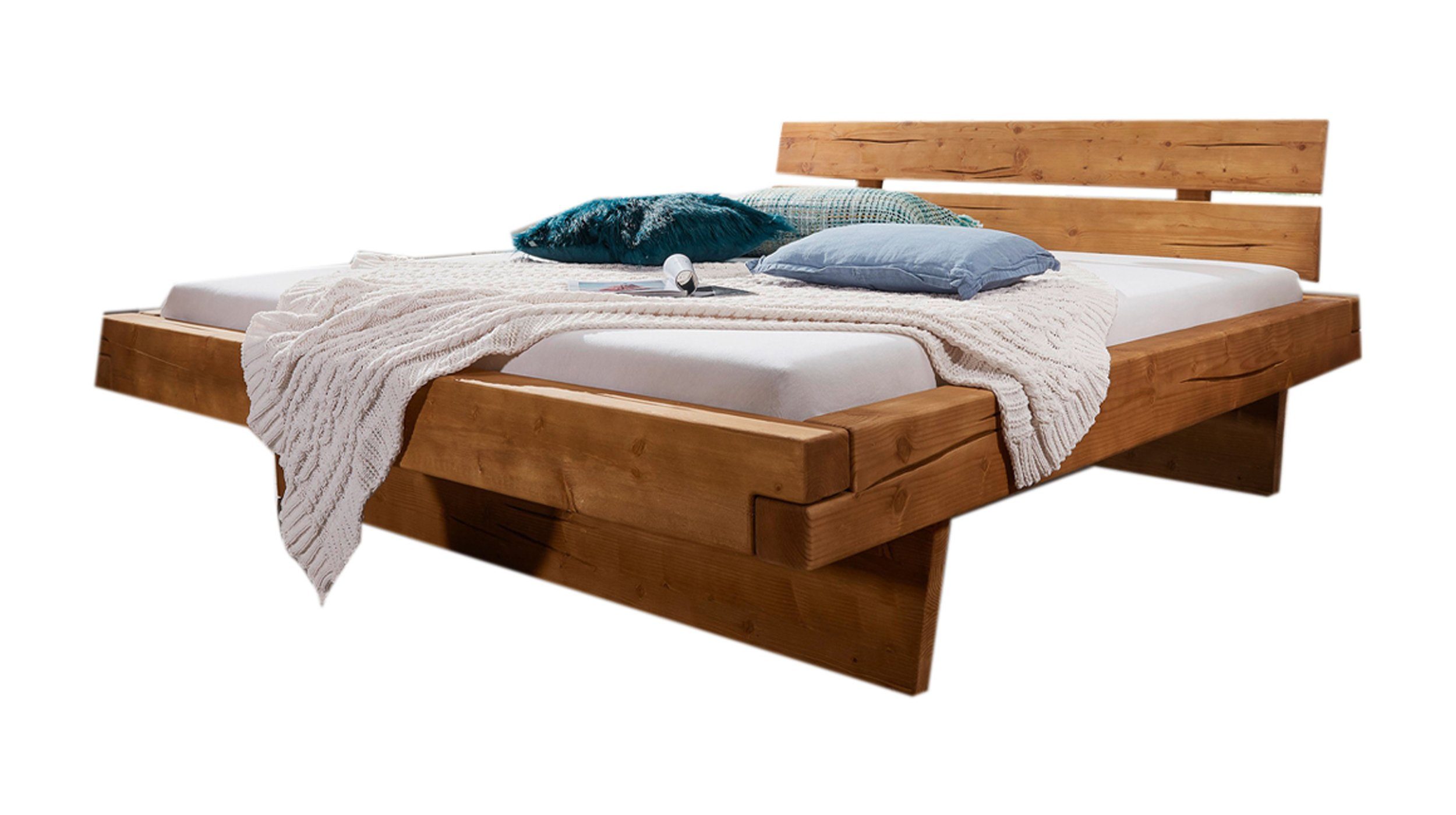 Massivart® Holzbett BERND / 180 x 200 cm / Massivholzbett, Balkenbett, Fichte gebeizt, Standbeine durchgehend in Trapezform