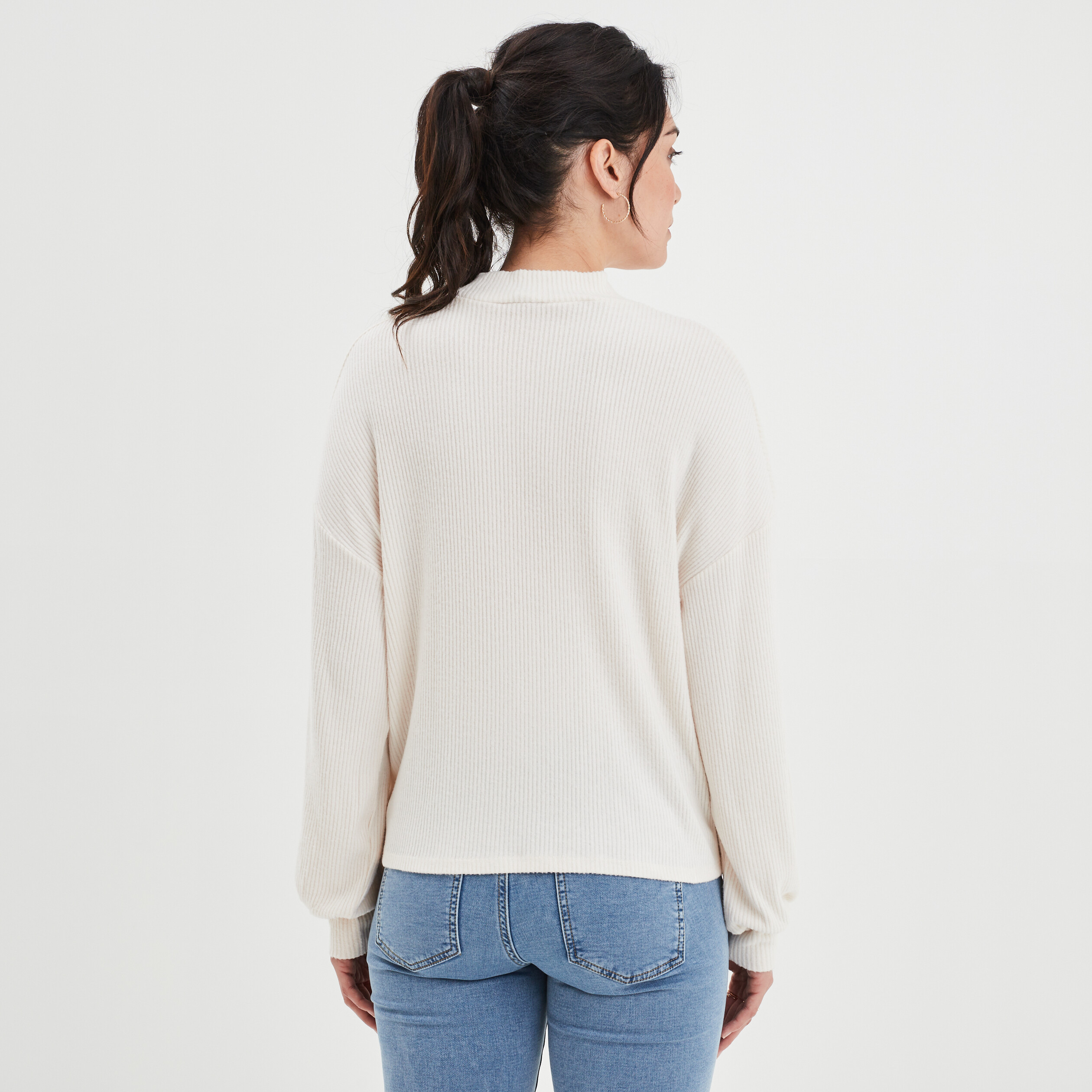 T-shirt manches bouffantes côtelé ecru femme | La Halle