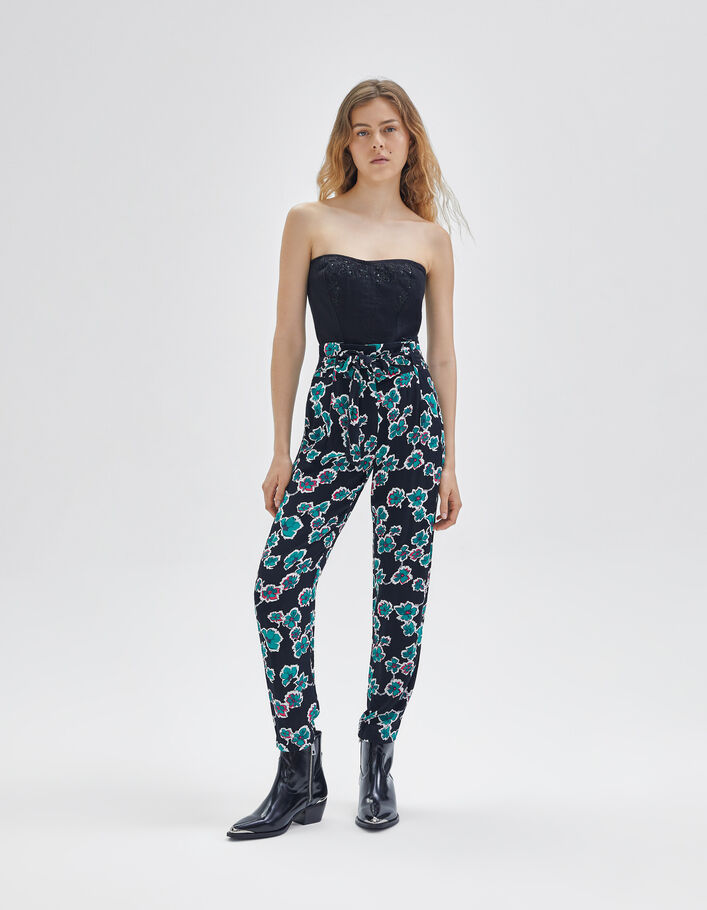 Pantalon fluide noire maxi floral ceinturé Femme