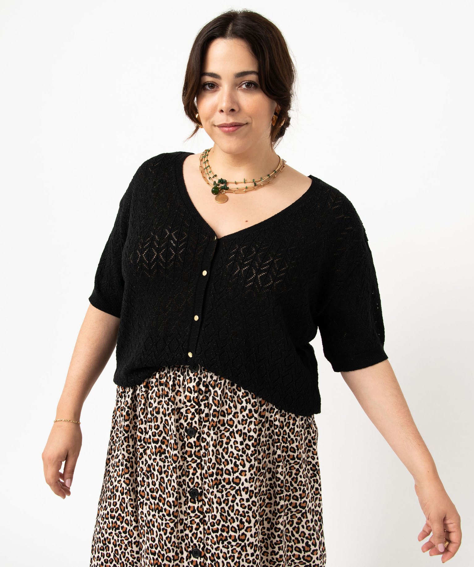 Gilet à manches courtes en maille ajourée femme grande taille noir | GEMO