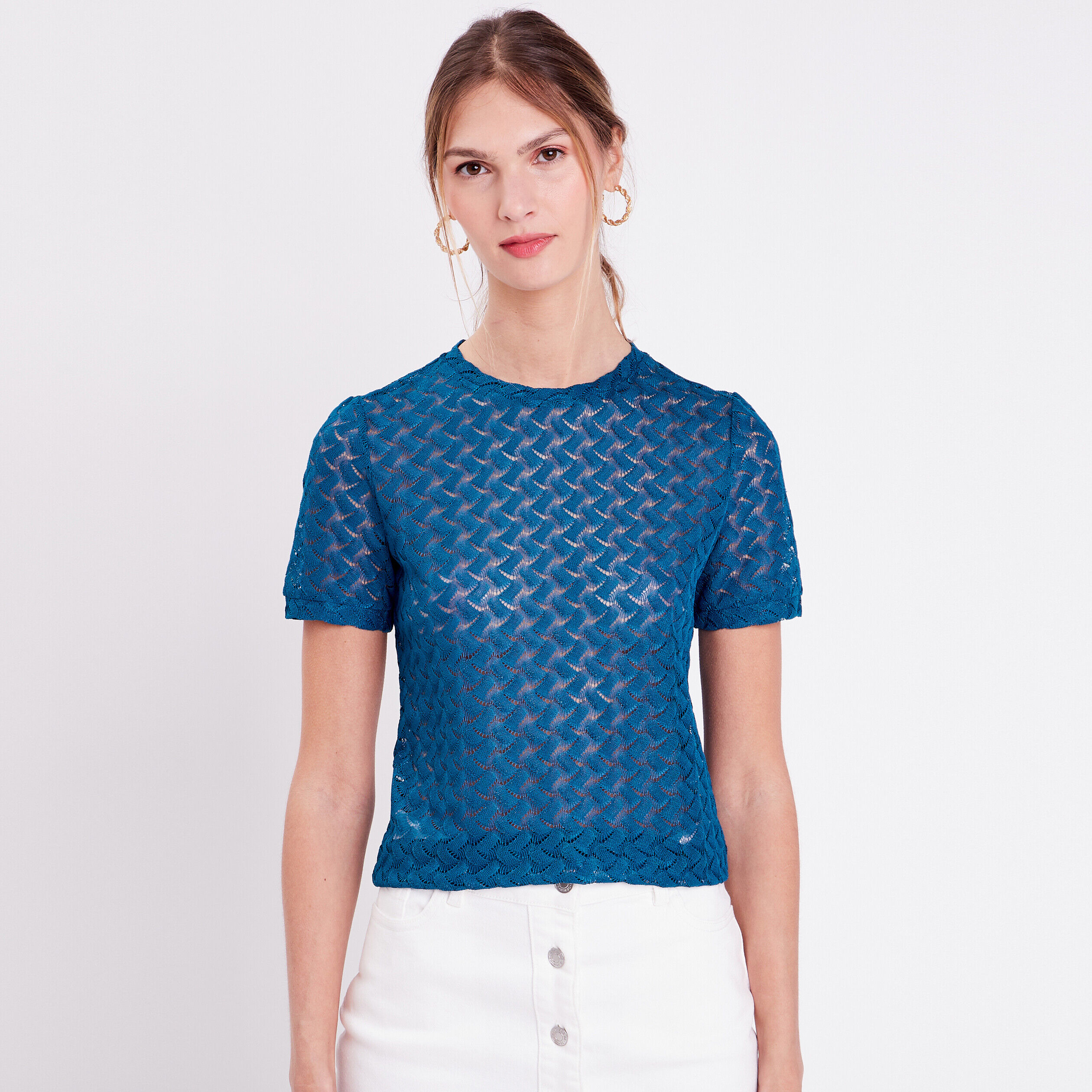 T-shirt avec manches courtes bleu canard femme | Cache Cache