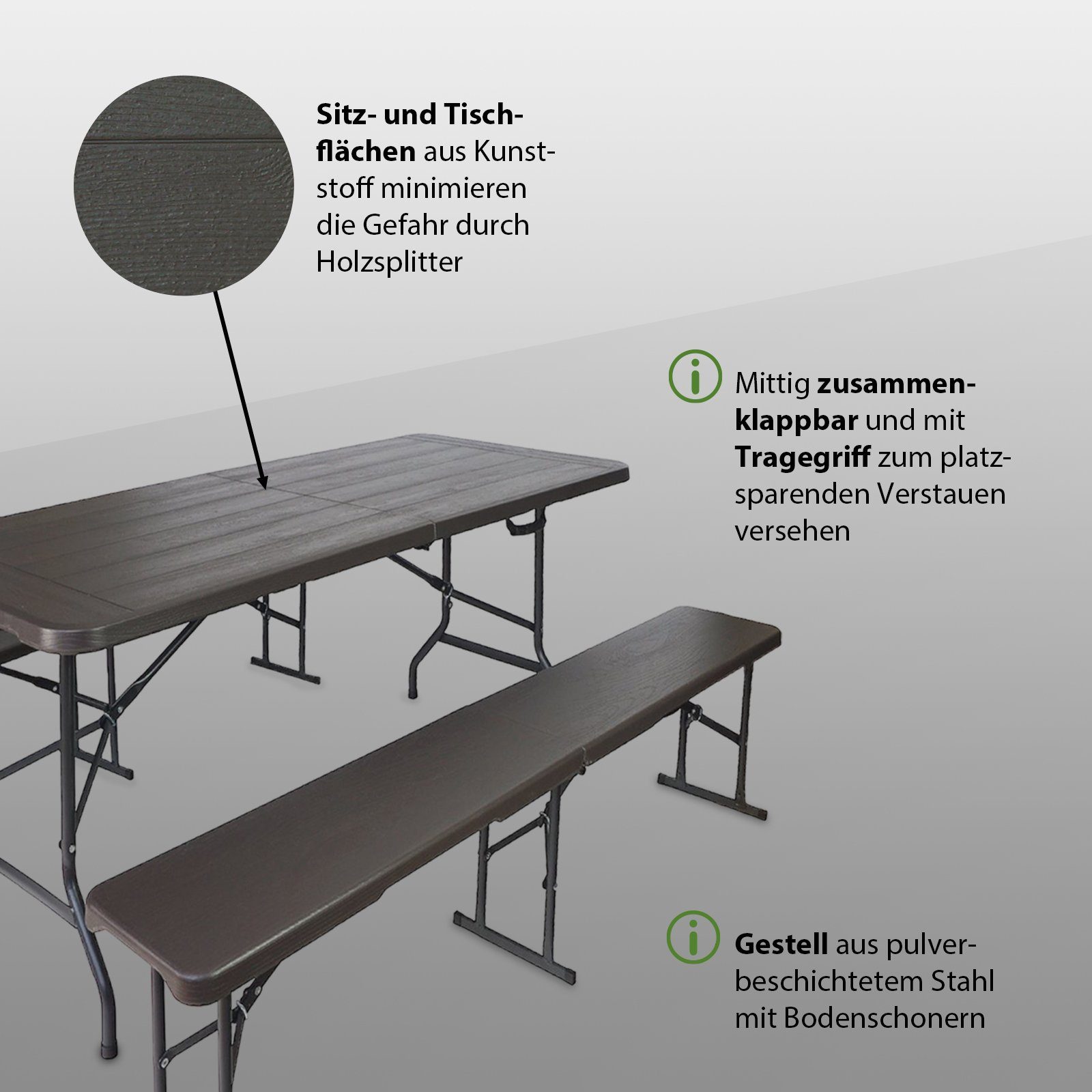 TRUTZHOLM Bierzeltgarnitur Bierzeltgarnitur graue Holzoptik Festzeltgarnitur 180x75cm klappbar, (1x Produkt / 2x Produkt, 3-tlg)