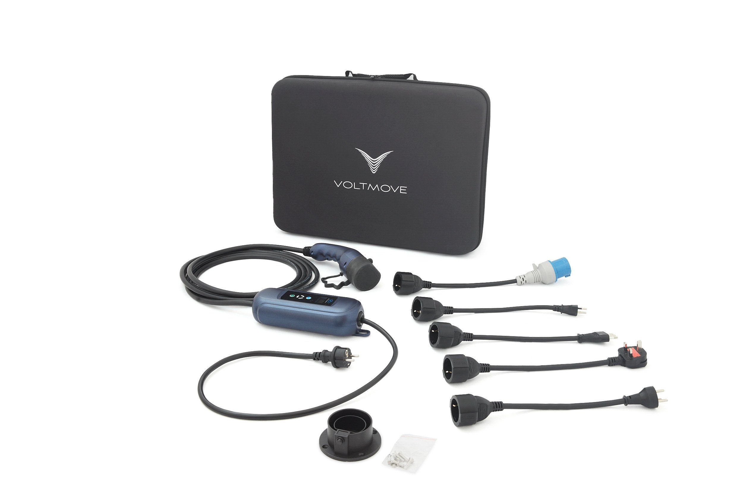 VOLTMOVE Typ 2 auf Schuko Ladekabel Reise-Set Elektroauto-Ladegerät (Komplett Set, Reise-Set mit 5 Adaptern, Wandhalterung & Koffer)