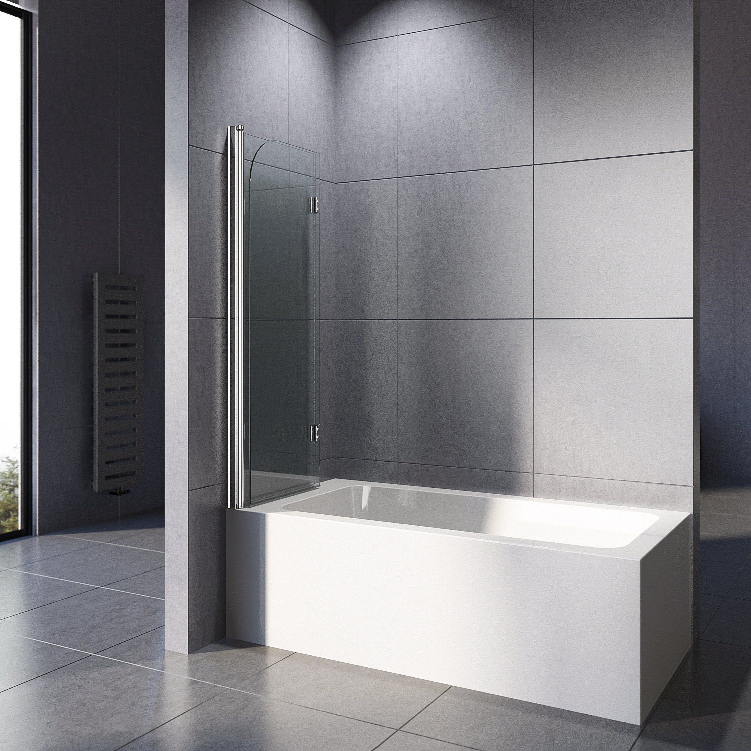 Boromal Badewannenaufsatz Duschwand für Badewanne Glas 2-teilig 100x140 Schwarz / Chrom Glaswand, (Klarglas /Teilsatiniert glas), Badewannenfaltwand Glaswand 6mm ESG Glas