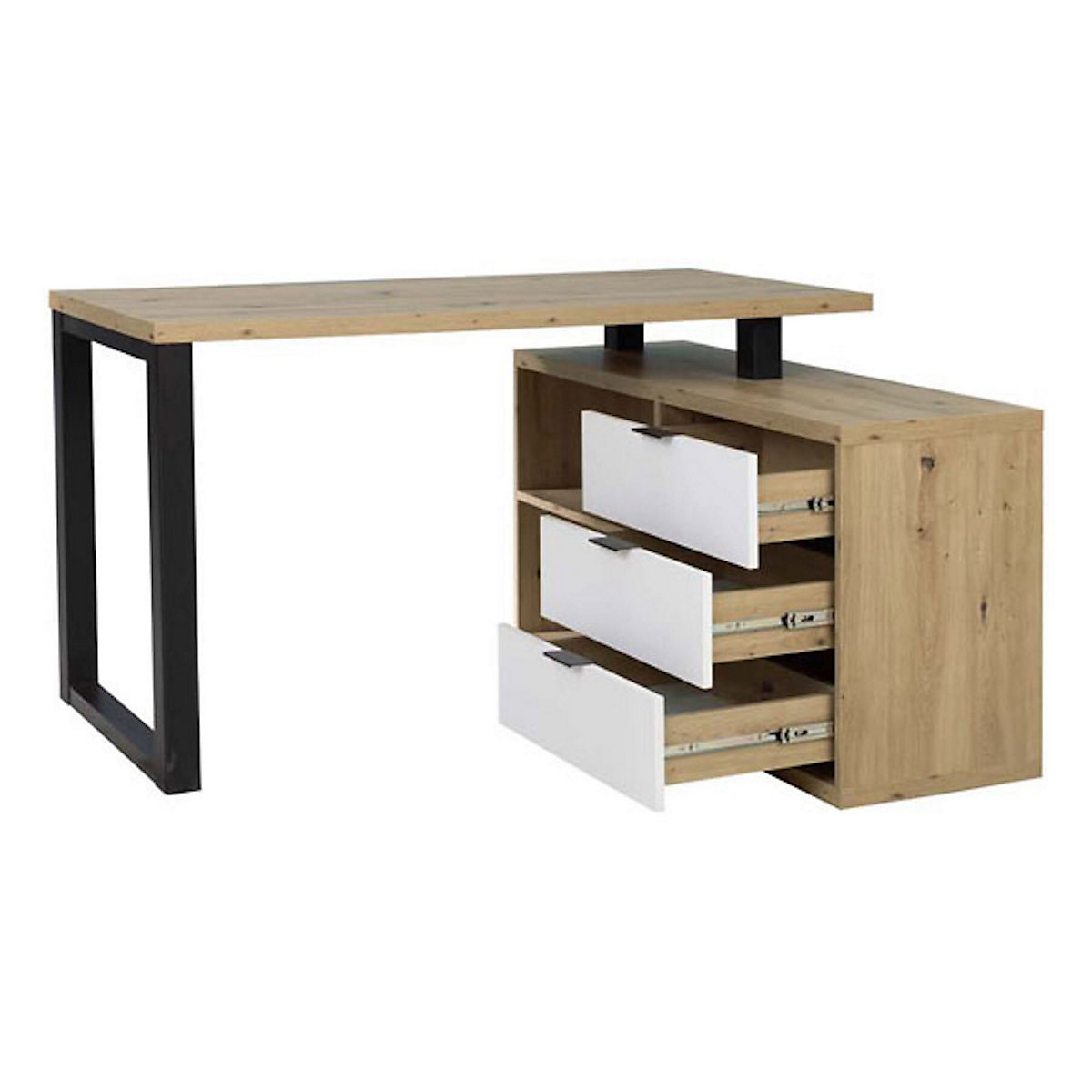 Eckschreibtisch Schreibtisch Maro 135x115x75cm schwarz weiß Artisan Eiche