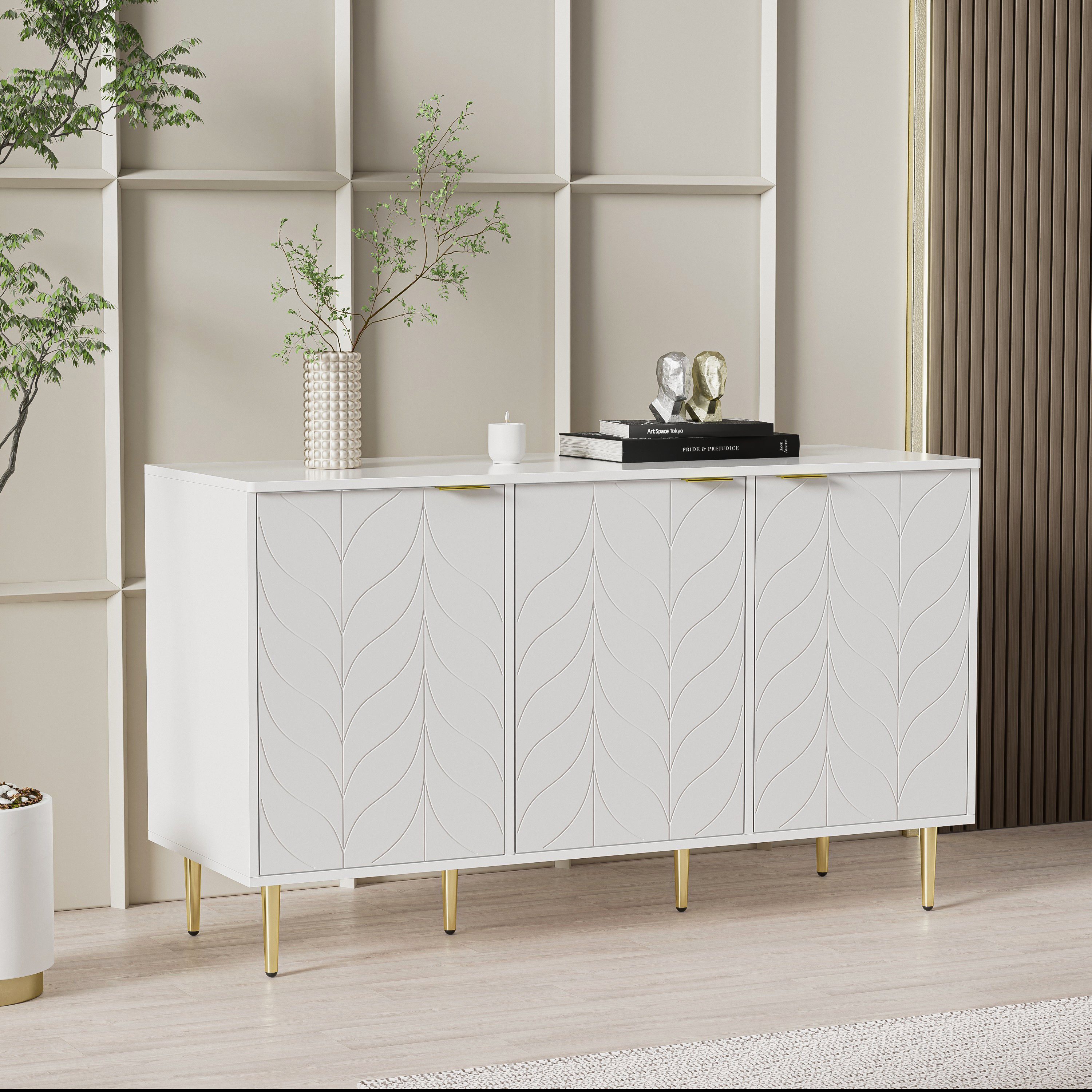 Flieks Kommode, Nachtschrank Sideboard mit 3 Türen und 6 Fächer 127x45x75cm