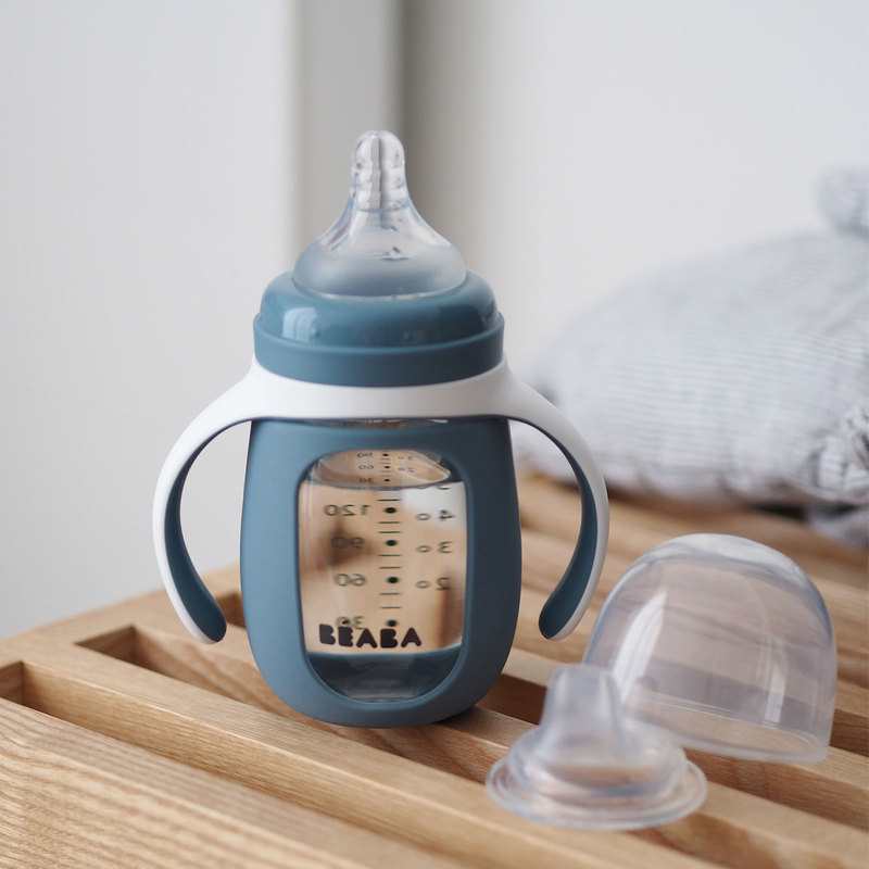 Biberon d'apprentissage 2 en 1 en verre 210 ml bleu Beaba