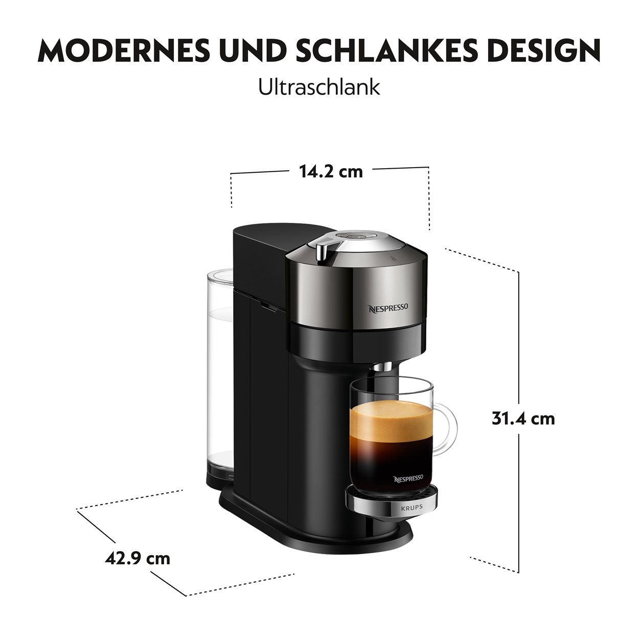 Krups Kapselmaschine Vertuo Next Chrome XN910C Kaffeemaschine, Aeroccino 3 Milchaufschäumer, 1x1, Röstmischungs 1,1L Wassertank, Kapselerkennung, 5 Tassengrößen