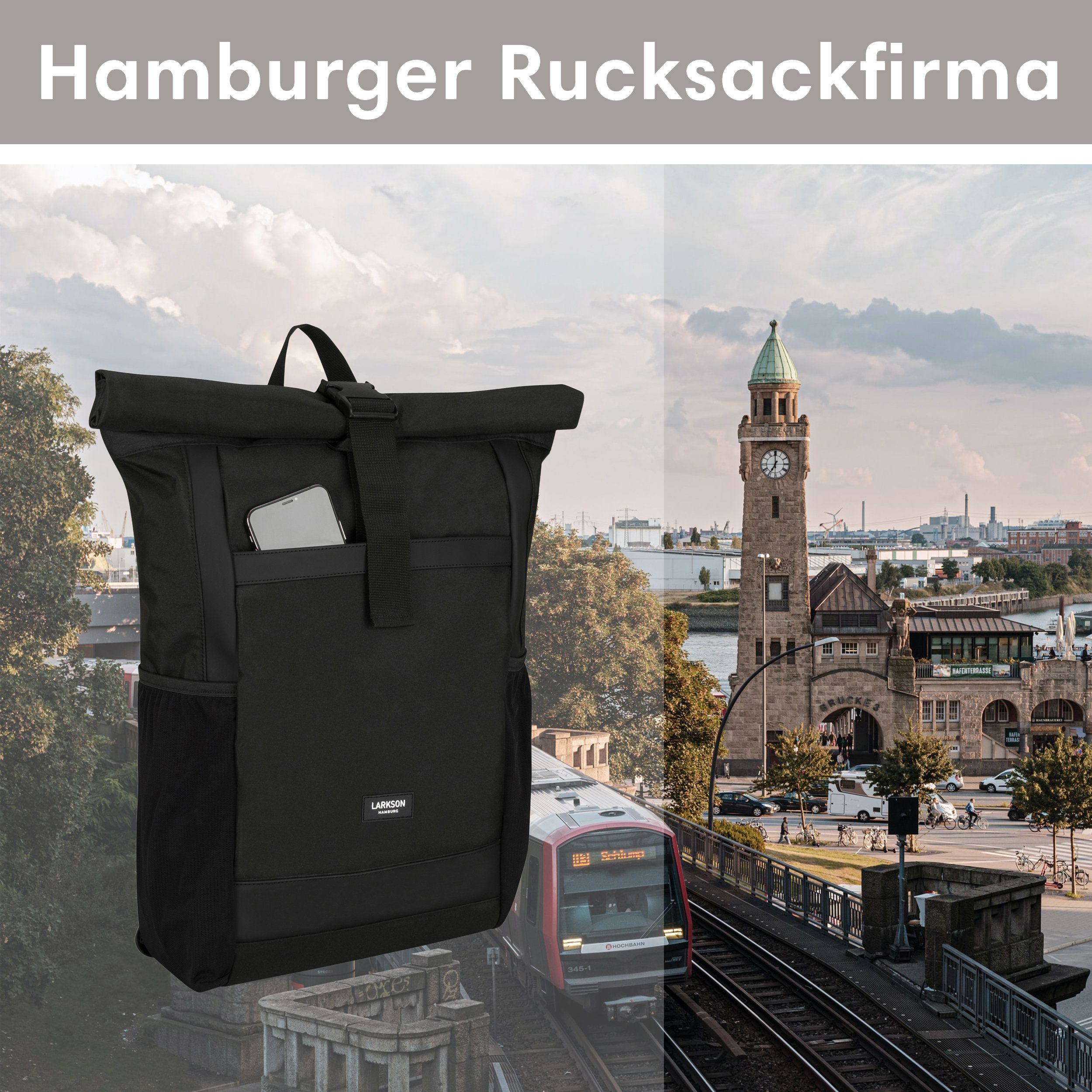 LARKSON Cityrucksack No 2, Rolltop Damen Herren, Laptop Fach, Wasserabweisend