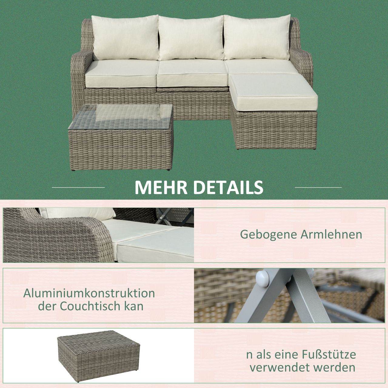 Outsunny 3-tlg. Polyrattan Gartenmöbel Set Gartengarnitur mit Tisch Aluminium
