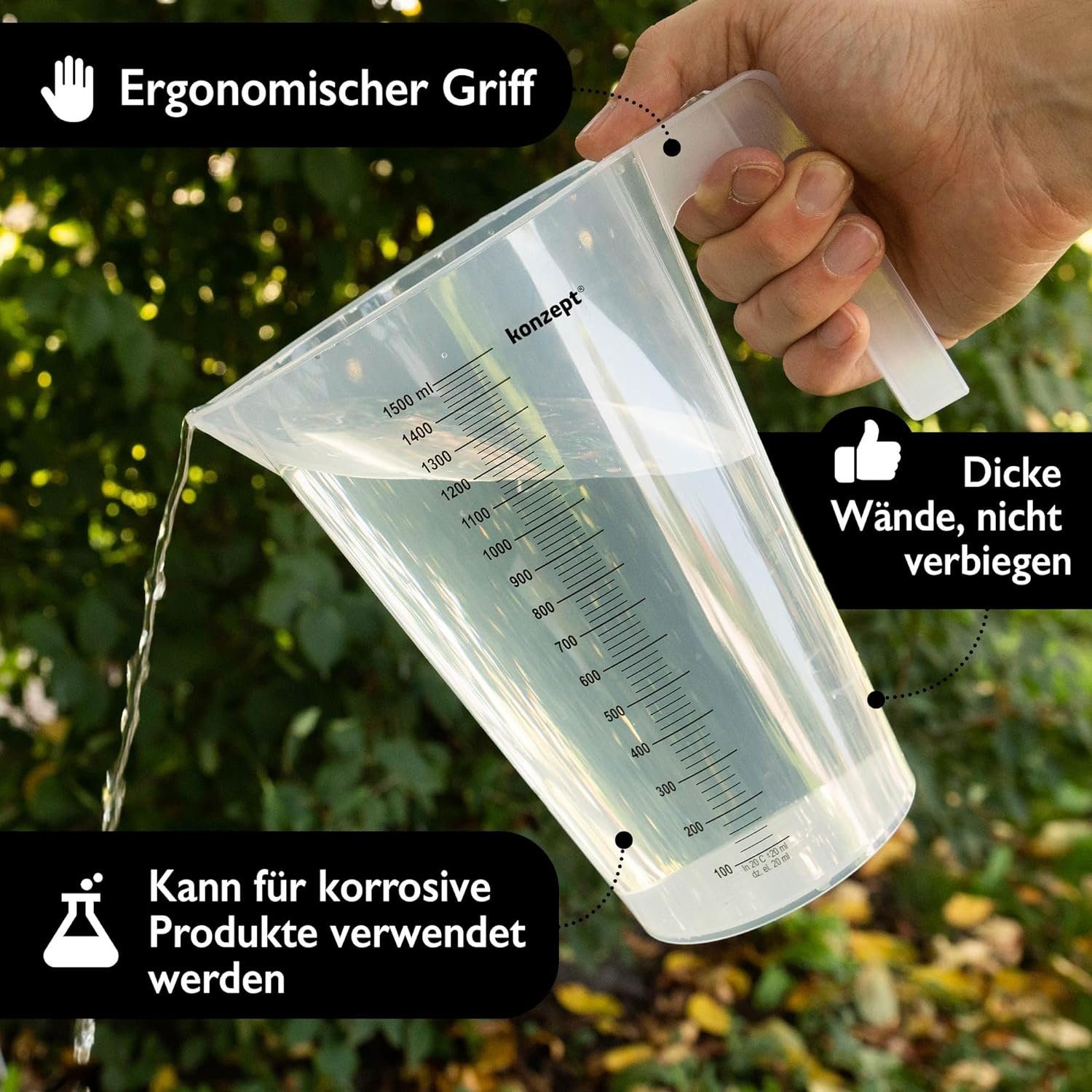 KONZEPT Messbecher Verschiedene Größen zur Wahl, (Litermaß, Kunststoff), Ideal für Küche, Garten, Werkstatt, Transparent