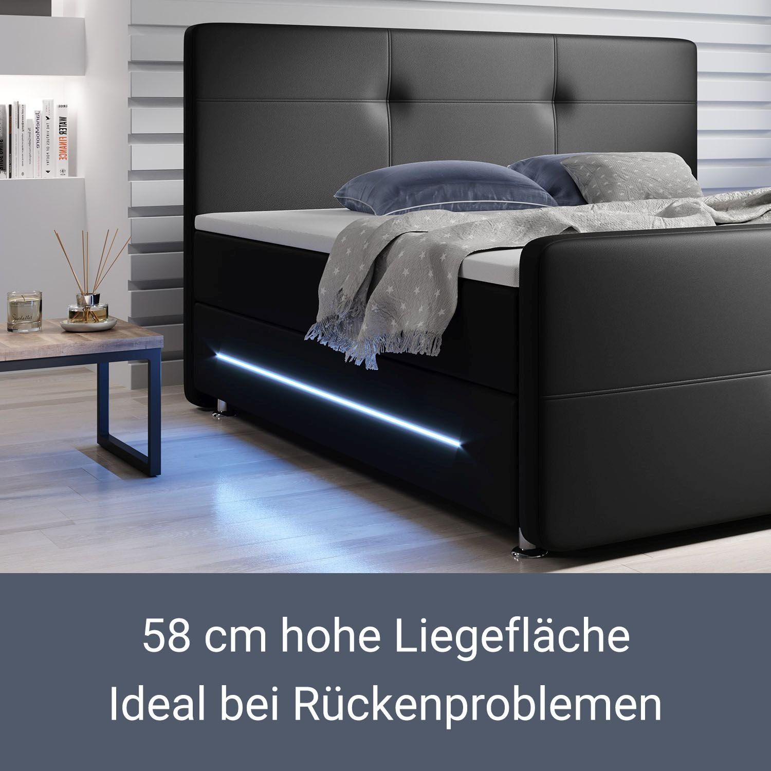 Juskys Boxspringbett Oakland, 140x200 cm, Doppelbett mit Topper, Kopfteil und LED-Beleuchtung