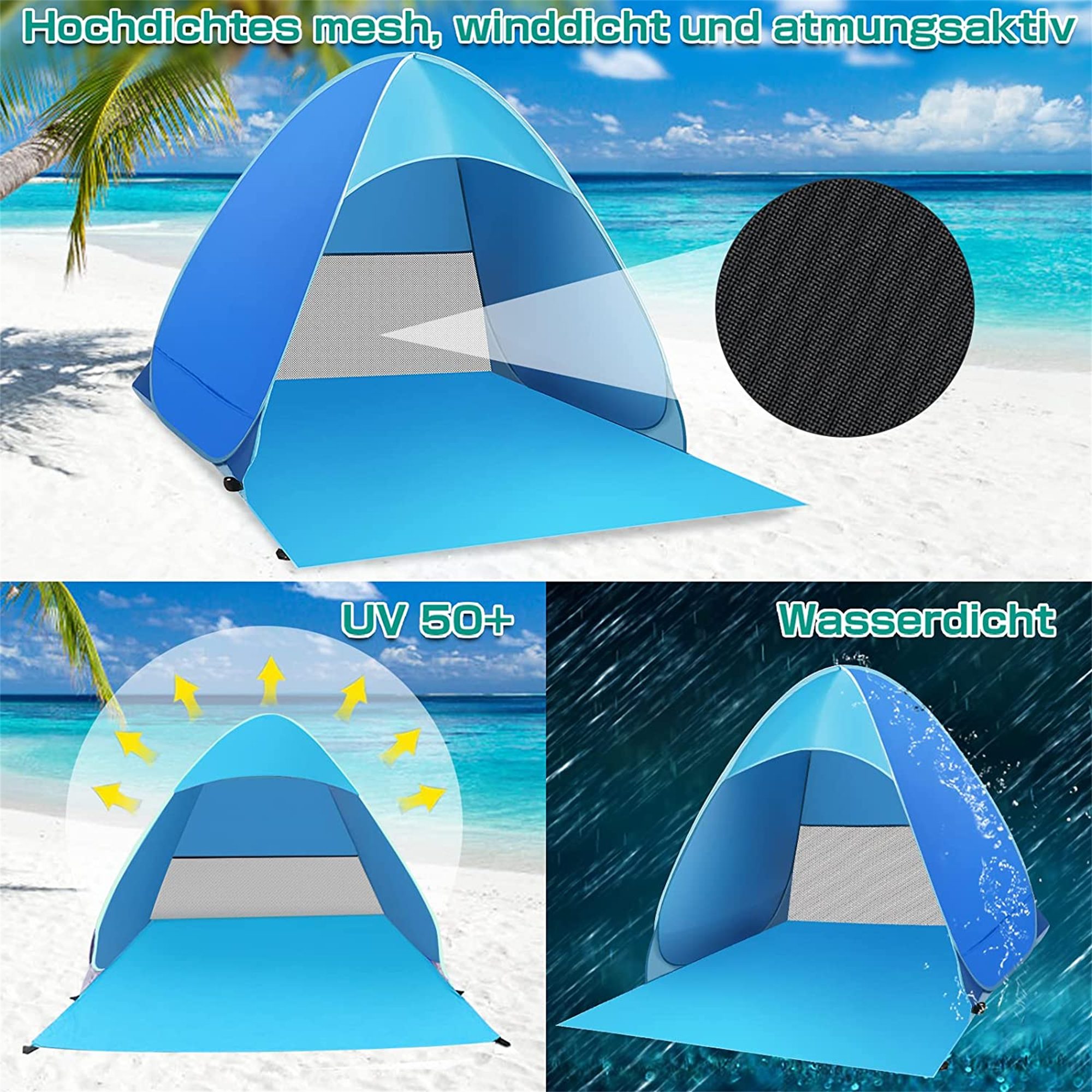 flowgoer Strandmuschel Automatisches Freizelt, Personen: 3 (set, SPF 50), 165 x 150 x 110 cm, UV-Schutz