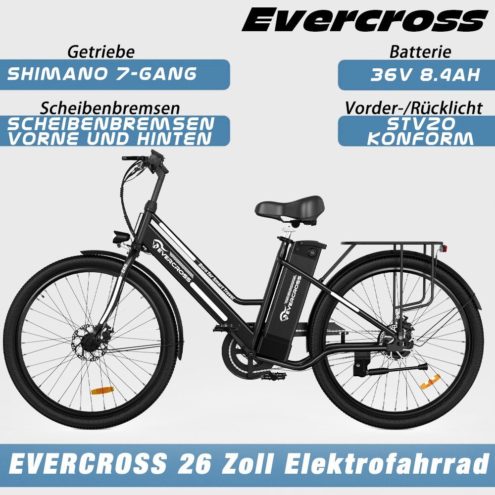 Evercross E-Bike EK8S 26 ZOLL, 250W Heckmotor, Elektrofahrrad Elektro Trekkingrad 26