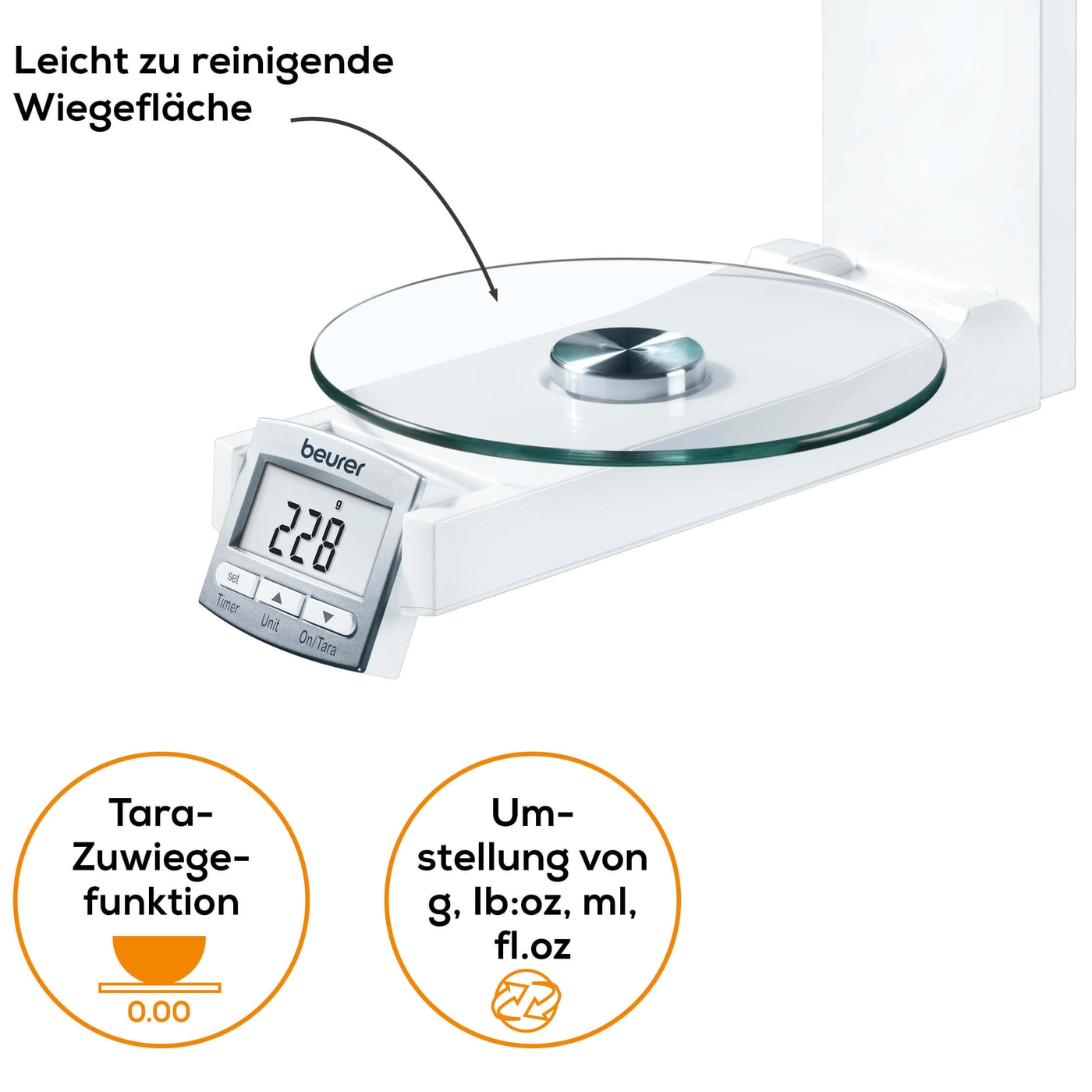 Beurer Wandküchenwaage - KS 52-Klappbare Küchenwaage für die Wand mit Uhrzeit & Timerfunktion