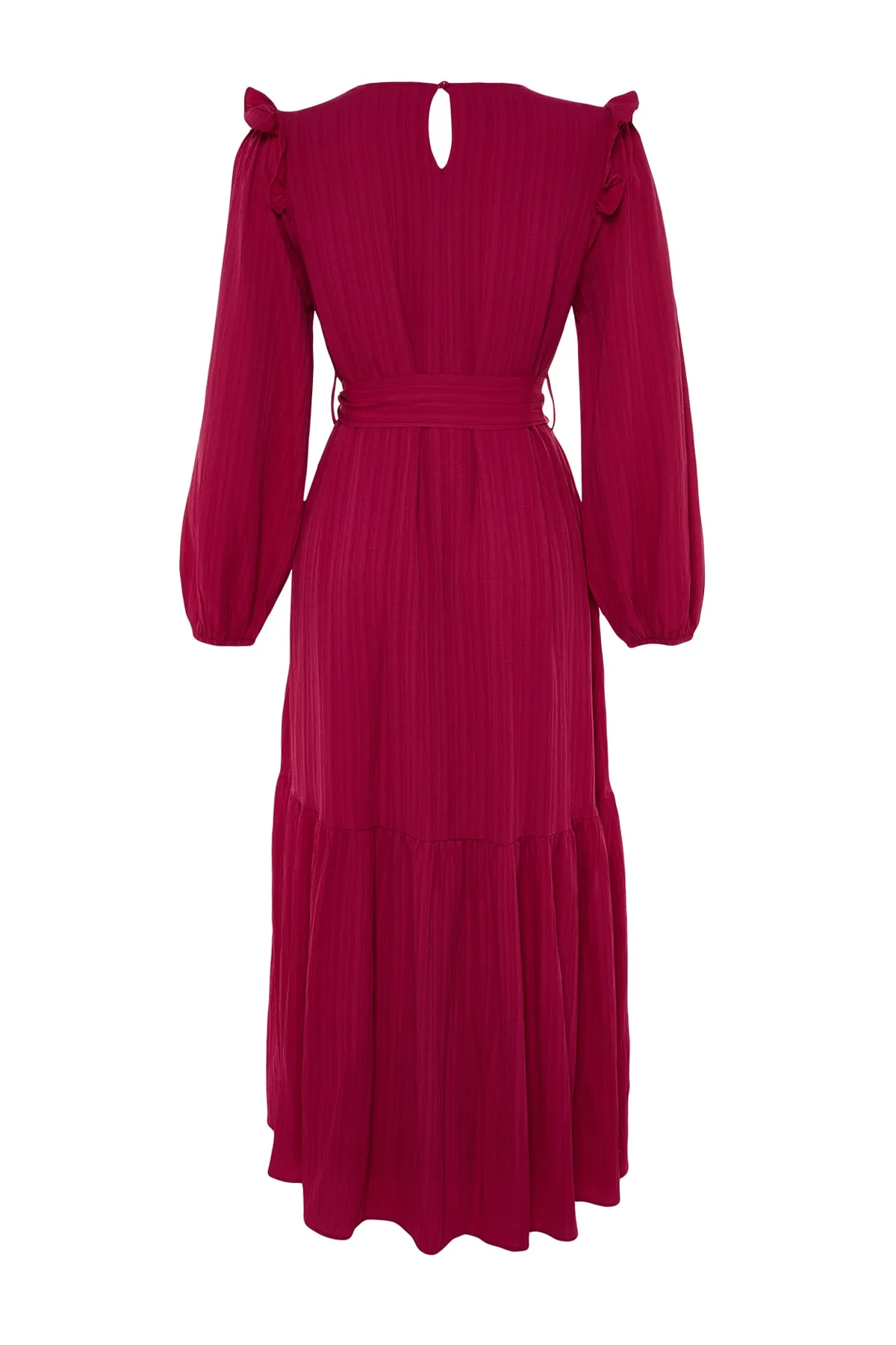 Trendyol Modest  Fuchsiafarbenes Kleid aus Viskose-Mischgewebe mit Schultergurt, Rüschenrock und Volantfutter TCTSS23EB00290