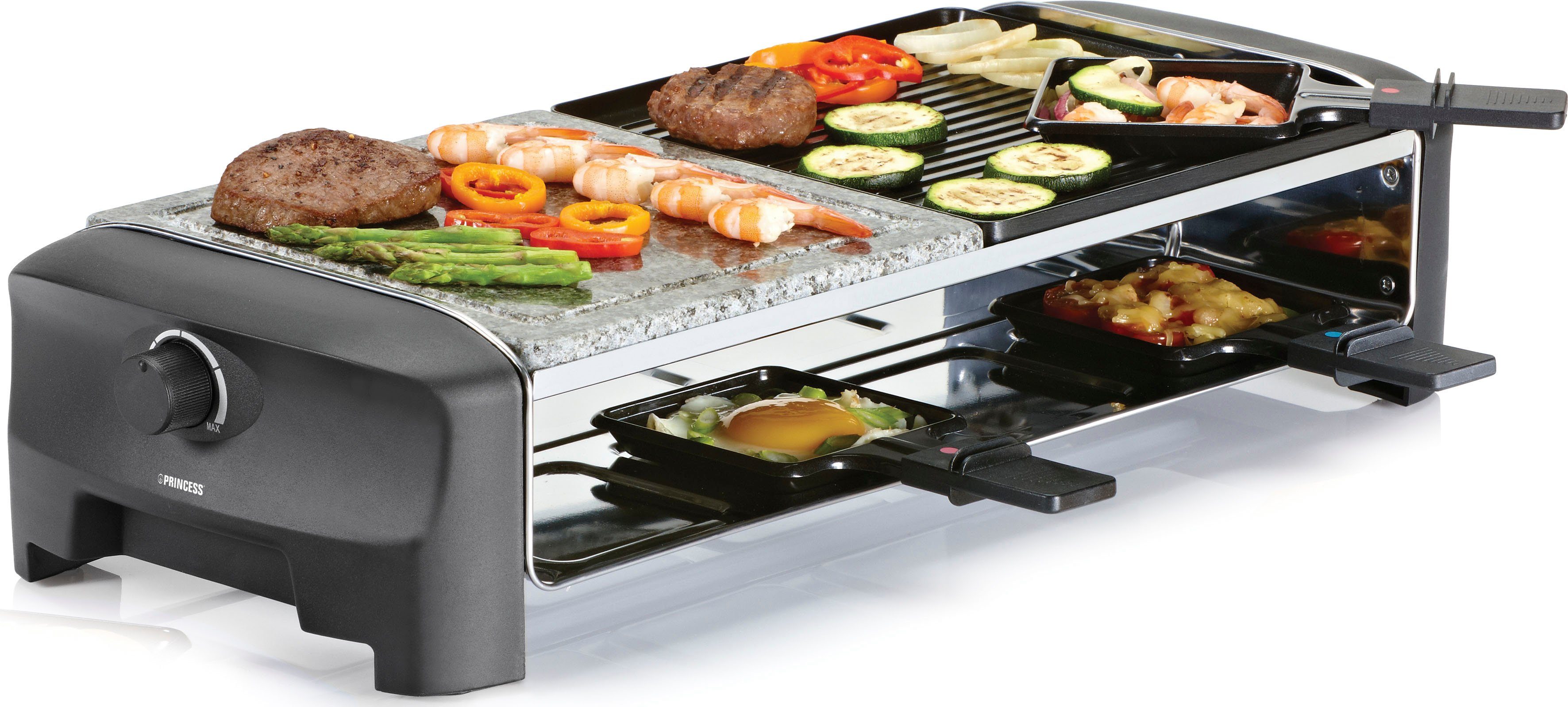 PRINCESS Raclette 8 Stone & Grill Party 162820, 8 Raclettepfännchen, 1300 W