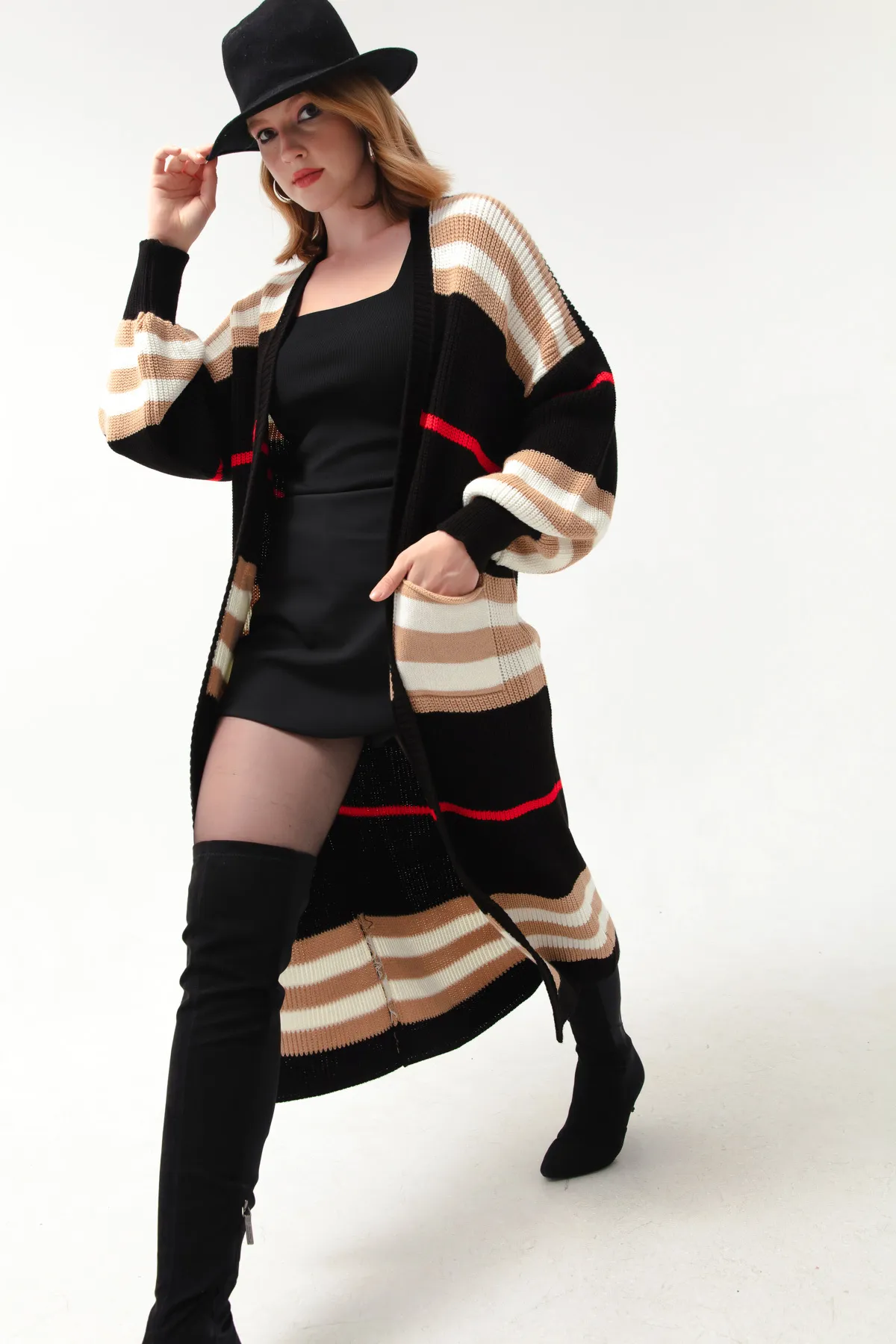 Lafaba  Schwarz-brauner langer Strick-Cardigan mit Ballonärmeln für Damen