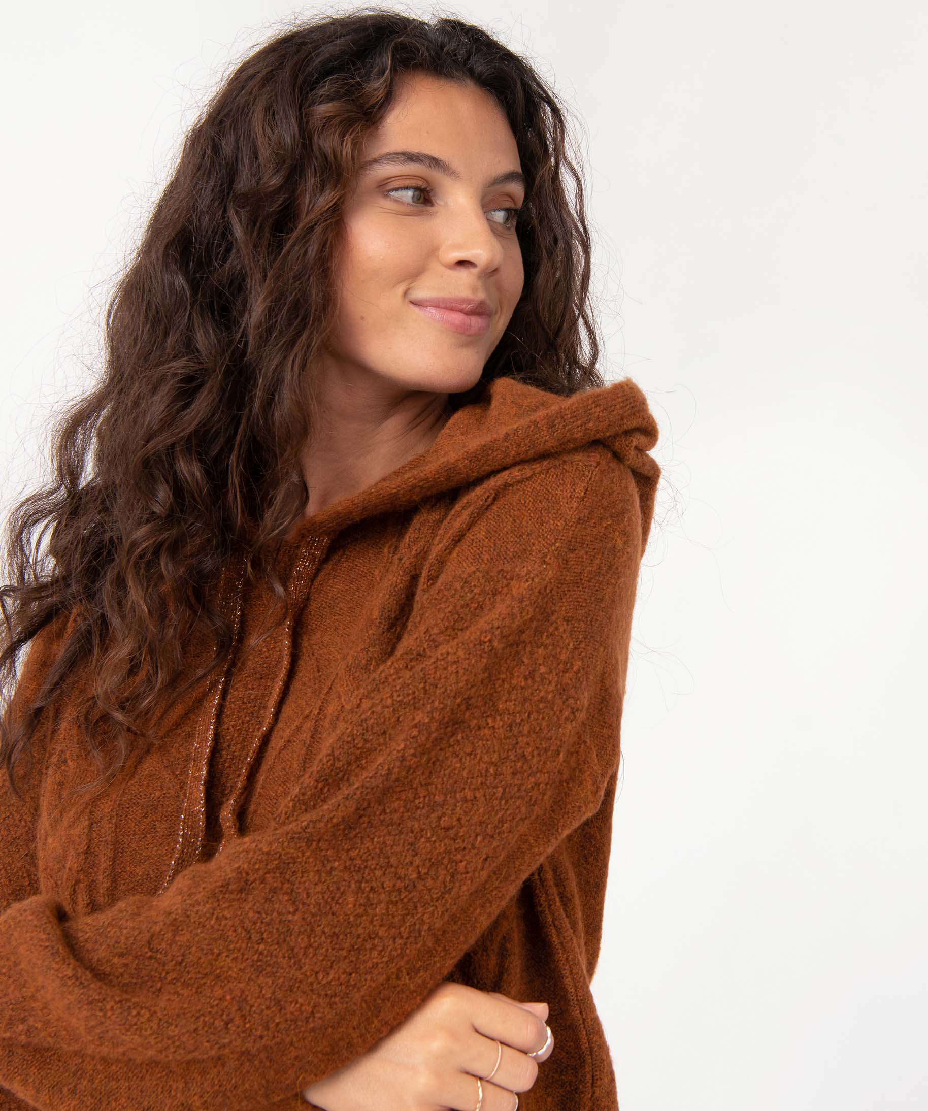 Robe pull femme en maille à capuche camel | GEMO